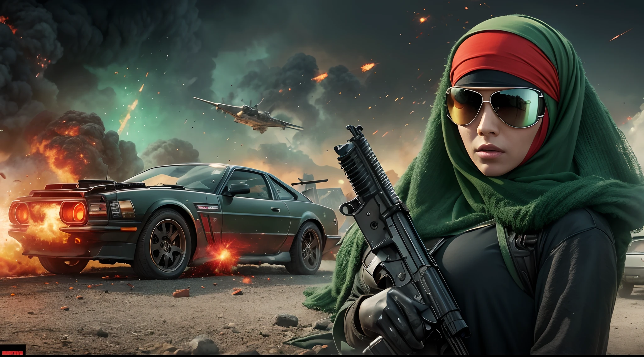 Terminator movie poster woman in hijab, green, red and black color hijab, explosions, guns, cars, planes, dramatic effect, hyper-realistic, 8k,