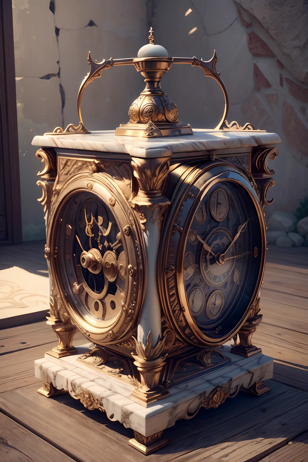(8K, 16k, Award-winning, Highest quality, Highest resolution, Super detail, High detail, Anatomically correct, Masterpiece),Realistic full-body Greek white marble clock，Ancient chronometric mechanism, delicate craftsmanship , Rare and precious, The intricate details are realistic，Marble clock，detailed carvings,Timeless vintage,Stale and rustic,Ancient craftsmanship,shadows and light,Historical artifacts,Classic chronograph mechanism,Nostalgic,Charm,retro aesthetic,Weathered beauty,Ancient clocks,Ageing gracefully,Stone carving and craftsmanship,Precise marking,Entwined vines and flowers,Entry,Weathered beauty and personality,Backyard Point of Contact,ornate detail,A symbol of eternity,Harmony between past and present,Engraving calligraphy,artistic design+"]，A cinematic scene， 超詳細， Ultra photo realsisim， Bright lights， 8 k''
