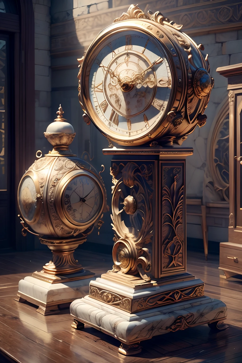 (8K, 16k, Award-winning, Highest quality, Highest resolution, Super detail, High detail, Anatomically correct, Masterpiece),Realistic full-body Greek white marble clock，Ancient chronometric mechanism, delicate craftsmanship , Rare and precious, The intricate details are realistic，Marble clock，detailed carvings,Timeless vintage,Stale and rustic,Ancient craftsmanship,shadows and light,Historical artifacts,Classic chronograph mechanism,Nostalgic,Charm,retro aesthetic,Weathered beauty,Ancient clocks,Ageing gracefully,Stone carving and craftsmanship,Precise marking,Entwined vines and flowers,Entry,Weathered beauty and personality,Backyard Point of Contact,ornate detail,A symbol of eternity,Harmony between past and present,Engraving calligraphy,artistic design+"]，A cinematic scene， 超詳細， Ultra photo realsisim， Bright lights， 8 k''