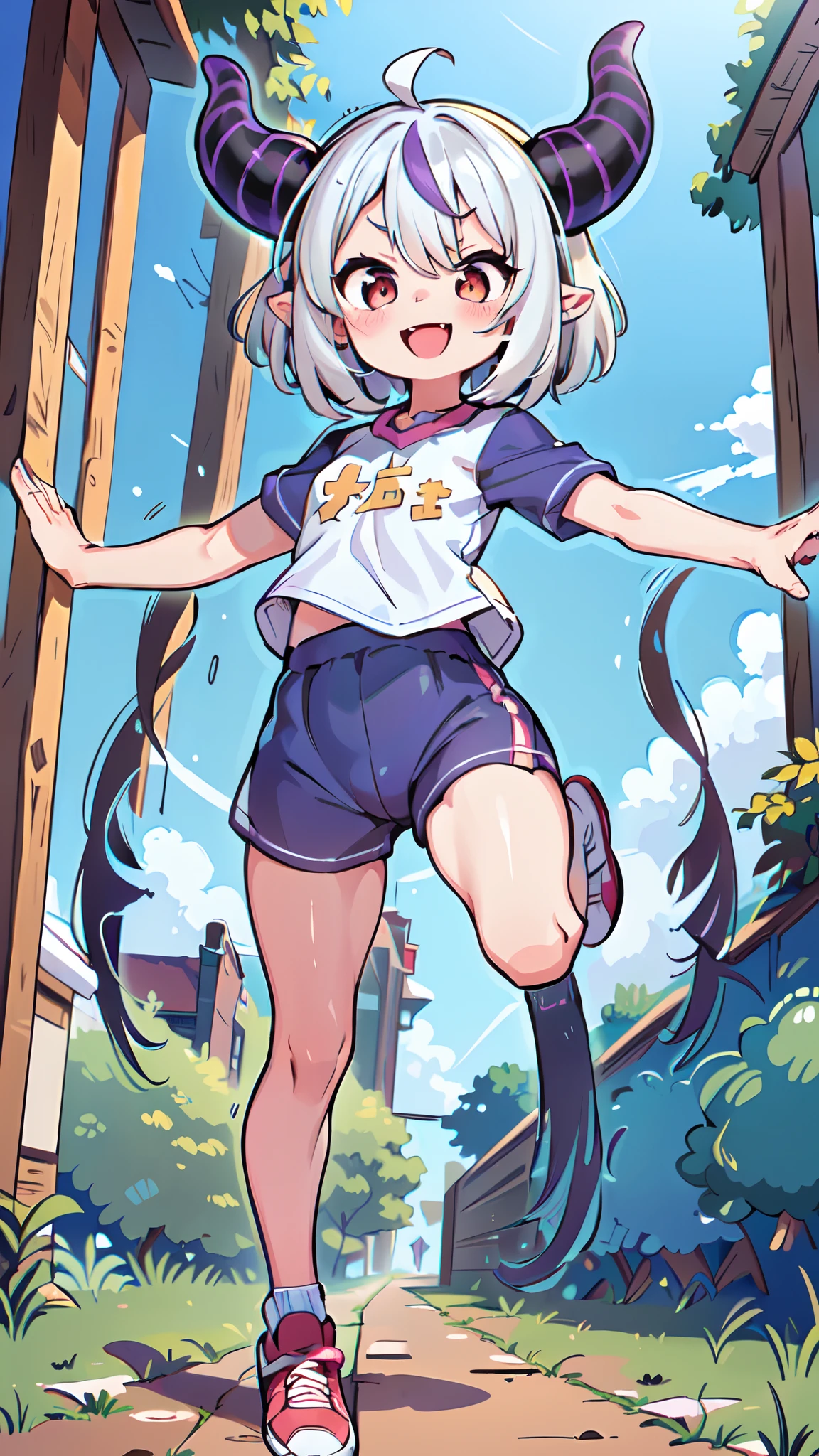 (masterpiece, best quality), laplus darkness, laplus, ((solo, loli girl, flat chested)), ((short sleeves uniform, stockings, sneakers)), short hair, horns, white hair, smiling, shiny skin, smooth skin, (big smile , blushing, big eyes, cute face)