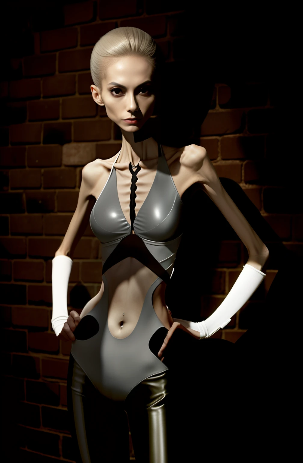 Extremely thin woman, A thin body，Protruding sternum，Slim waist，The ribs are noticeable，The pelvis is visibly protruding，White skin of the，Thin shoulders，Very slim waist，Extremely skinny，Sunken abdomen，Skin and bones，short detailed hair，Haggard face，Wear tight leather pants，Asian face