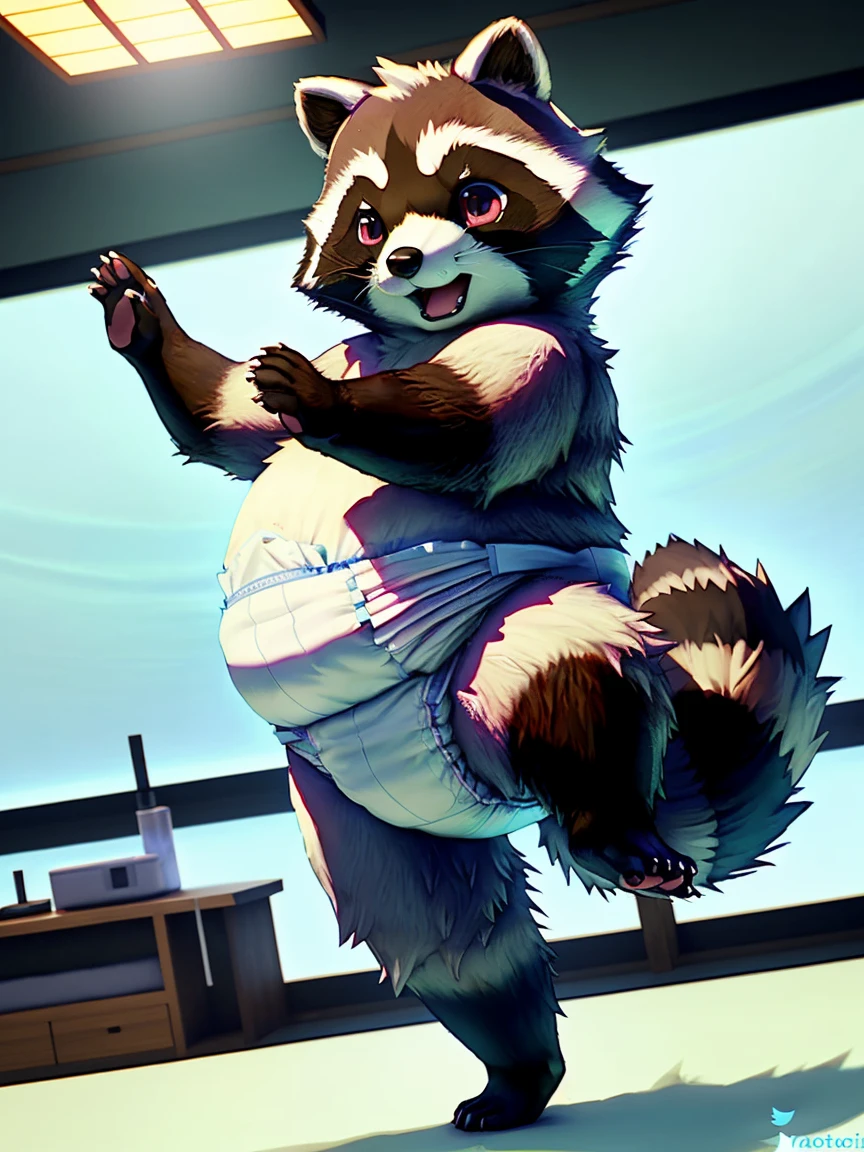 ((drawn by wadorigi on Twitter)(tanuki(Japanese raccoon dog))),big , chubby, bipedal, pure white and skyblue fur, wearing pampers disposable soggy diaper, dancing like ballerina, in laboratory , 3d realistic