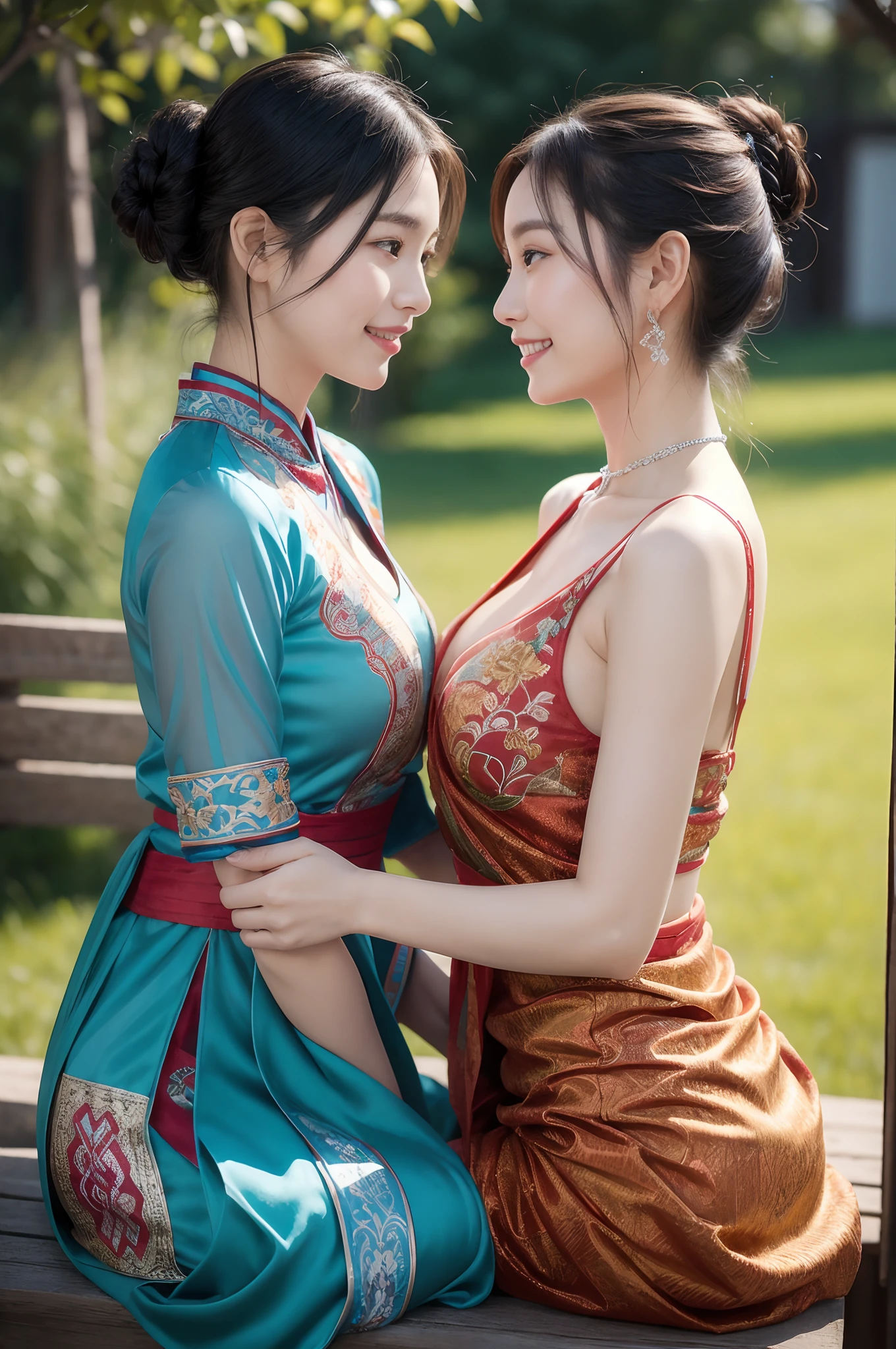 （8K分辨率，Vista half body photo），（closeup portrait of two women,sitting together,Detailed Face, front view, Look at the camera,duo,stroking,leering:1.4,20yr old,delicate face，详细的脸，Redlip，Fair smooth skin，（Classic Hmong costume：1.4，（Satin fabric with flowers，The cuffs are multi-colored horizontal strips，Cardigans，Short waist long version），Silver products，Silver necklace，silver hair clip，hair-bun），（pleatedskirt，（Hmong embroidery、batik）），耳Nipple Ring，bangle，Tall and tall，Posture of conversation，perfect hand，Ultra-fine clothing material），（Traditional Xijiang Miao village，Festive party night background in cottage，Exquisite environmental details），（exhilarated，confident smile，Rejoice），（profesional lighting，动态照明），（（The colors are more balanced，（black in color，blue colors，red colour））），（Golden section，Cinema lenses，Hasselblad photograp，tmasterpiece：1.3），（Miaozhai idol，Focus on the field，trendsetting，Folklore artist，Art platform）
