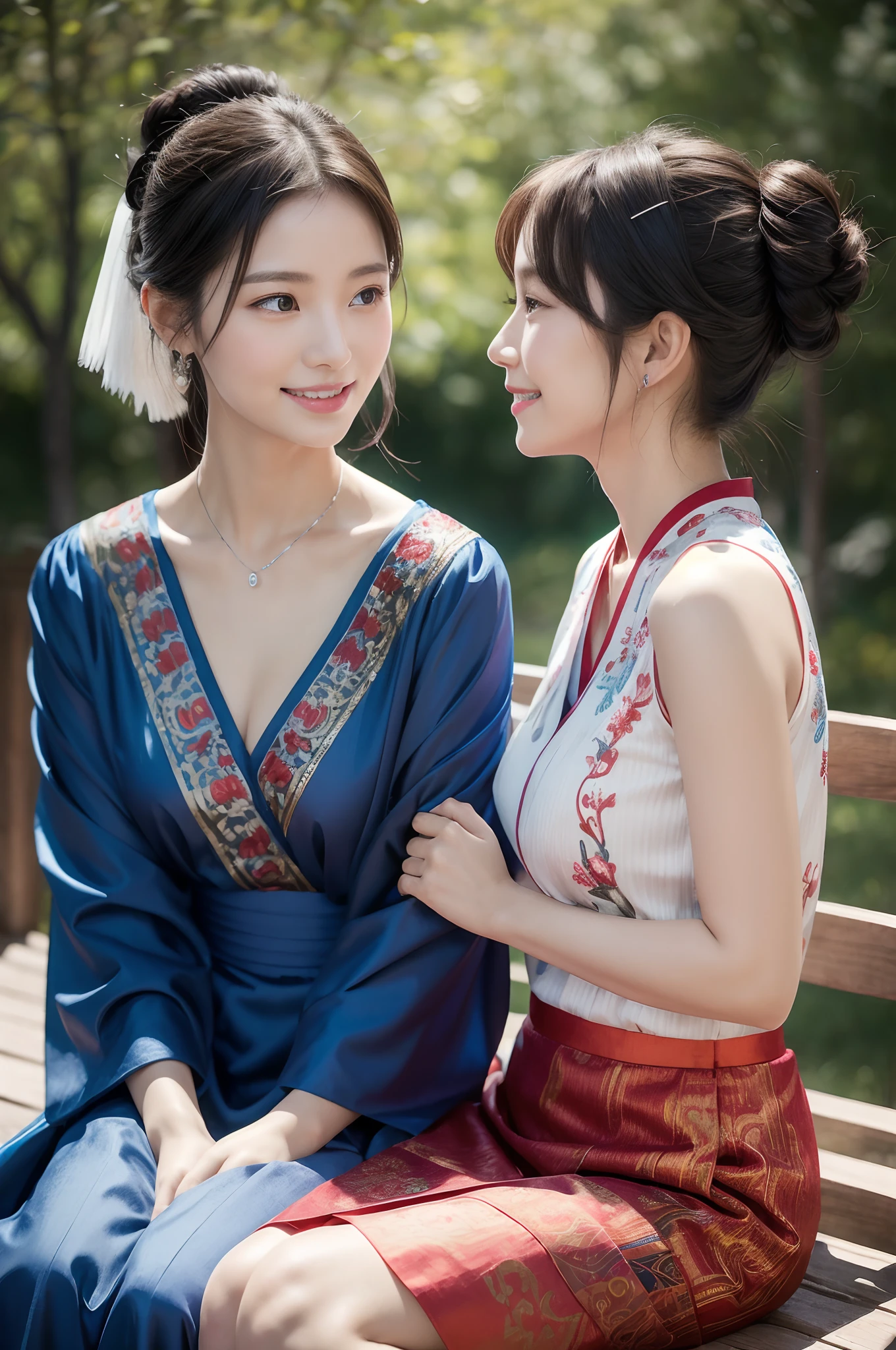 （8K分辨率，Vista half body photo），（closeup portrait of two women,sitting together,Detailed Face, front view, Look at the camera,duo,stroking,leering:1.4,20yr old,delicate face，详细的脸，Redlip，Fair smooth skin，（Classic Hmong costume：1.4，（Satin fabric with flowers，The cuffs are multi-colored horizontal strips，Cardigans，Short waist long version），Silver products，Silver necklace，silver hair clip，hair-bun），（pleatedskirt，（Hmong embroidery、batik）），耳Nipple Ring，bangle，Tall and tall，Posture of conversation，perfect hand，Ultra-fine clothing material），（Traditional Xijiang Miao village，Festive party night background in cottage，Exquisite environmental details），（exhilarated，confident smile，Rejoice），（profesional lighting，动态照明），（（The colors are more balanced，（black in color，blue colors，red colour））），（Golden section，Cinema lenses，Hasselblad photograp，tmasterpiece：1.3），（Miaozhai idol，Focus on the field，trendsetting，Folklore artist，Art platform）