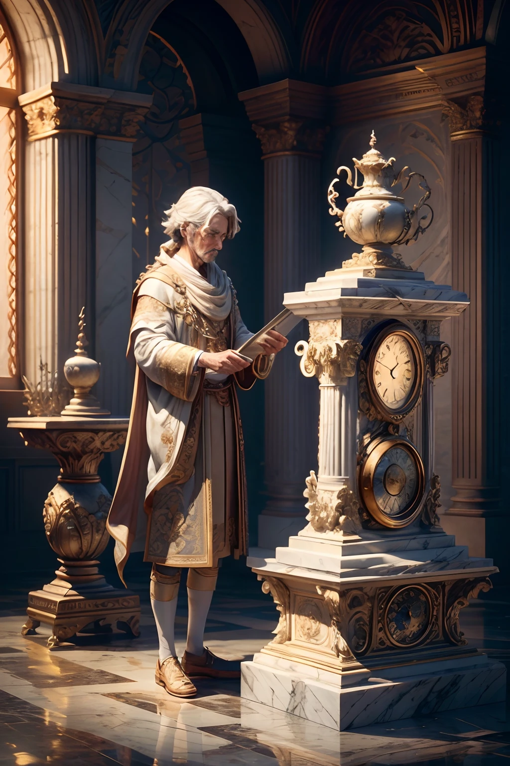 (8K, 16k, Award-winning, Highest quality, Highest resolution, Super detail, High detail, Anatomically correct, Masterpiece),Realistic full-body Greek white marble clock，Ancient chronometric mechanism, delicate craftsmanship , Rare and precious, The intricate details are realistic，Marble clock，detailed carvings,Timeless vintage,Stale and rustic,Ancient craftsmanship,shadows and light,Historical artifacts,Classic chronograph mechanism,Nostalgic,Charm,retro aesthetic,Weathered beauty,Ancient clocks,Ageing gracefully,Stone carving and craftsmanship,Precise marking,Entwined vines and flowers,Entry,Weathered beauty and personality,Backyard Point of Contact,ornate detail,A symbol of eternity,Harmony between past and present,Engraving calligraphy,artistic design+"]，A cinematic scene， 超詳細， Ultra photo realsisim， Bright lights， 8 k''