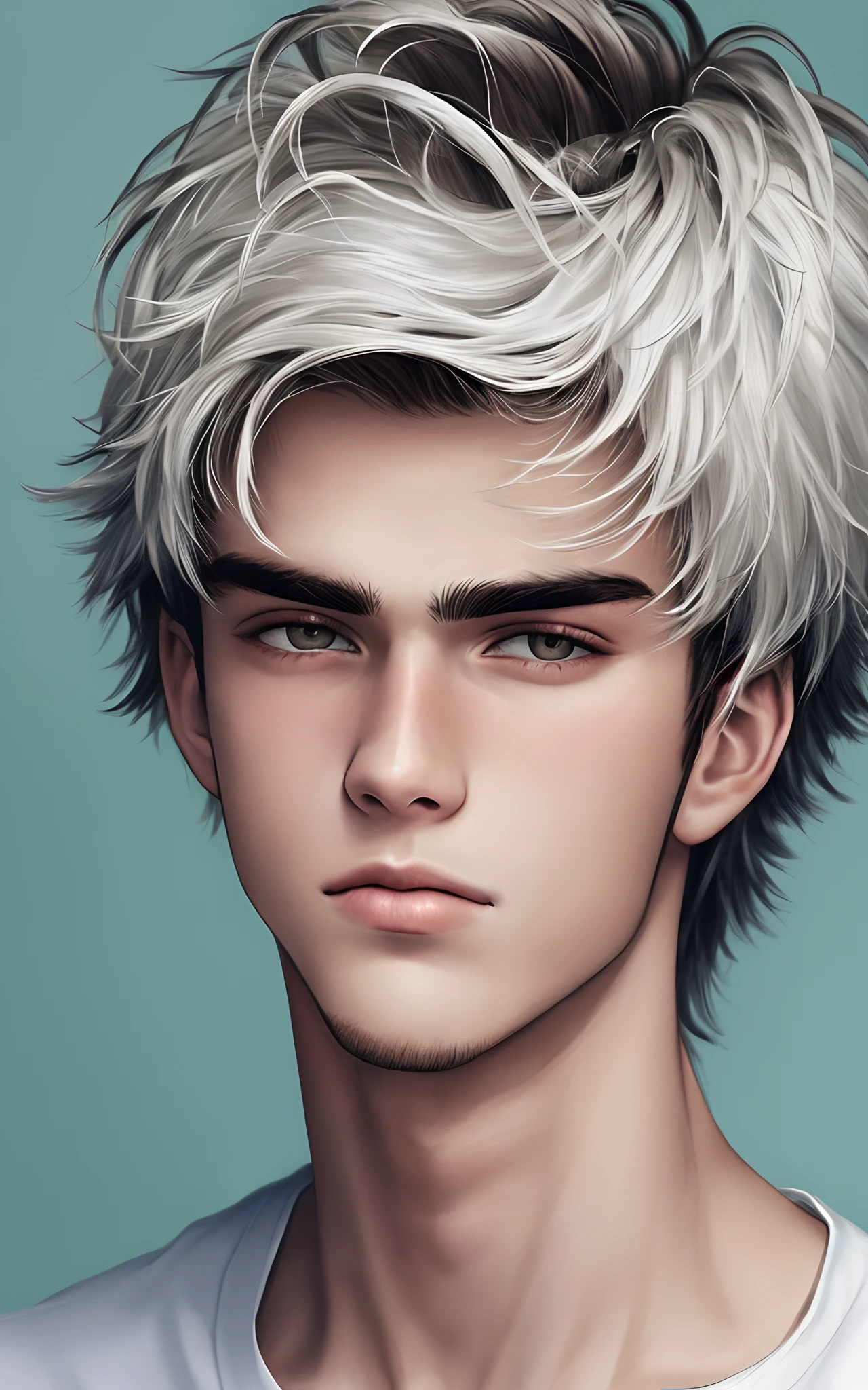 Cabeludinho, homem, cara de 17 anos, bonito, pale white skin, cabelo cacheado, olhos vermelhos