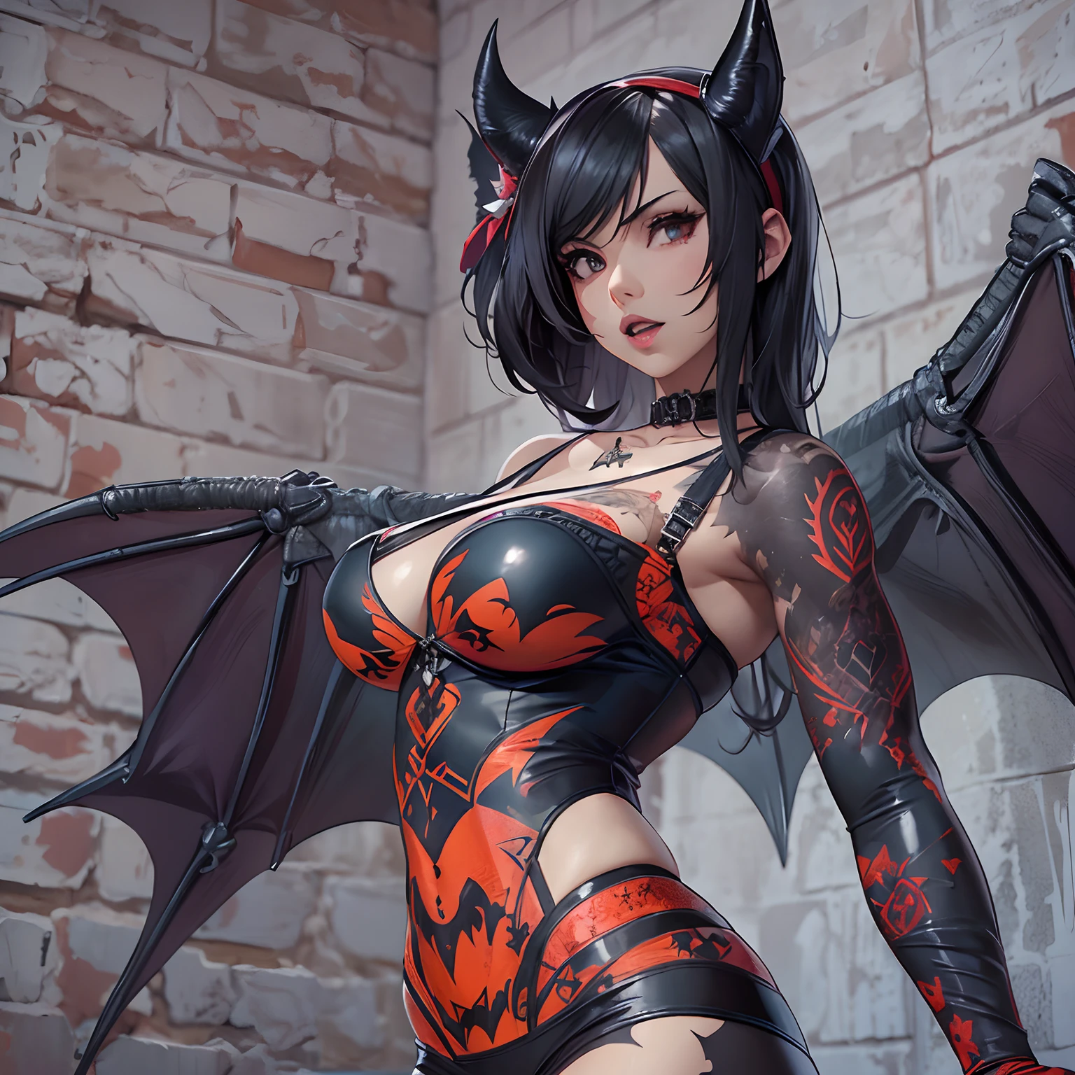 ((Masterpiece, Highest quality)), Detailed ,bat bra, bat panties, bat dress, hair accessories, tattoo, Tifa Lockhart, latex, big ass, red etes