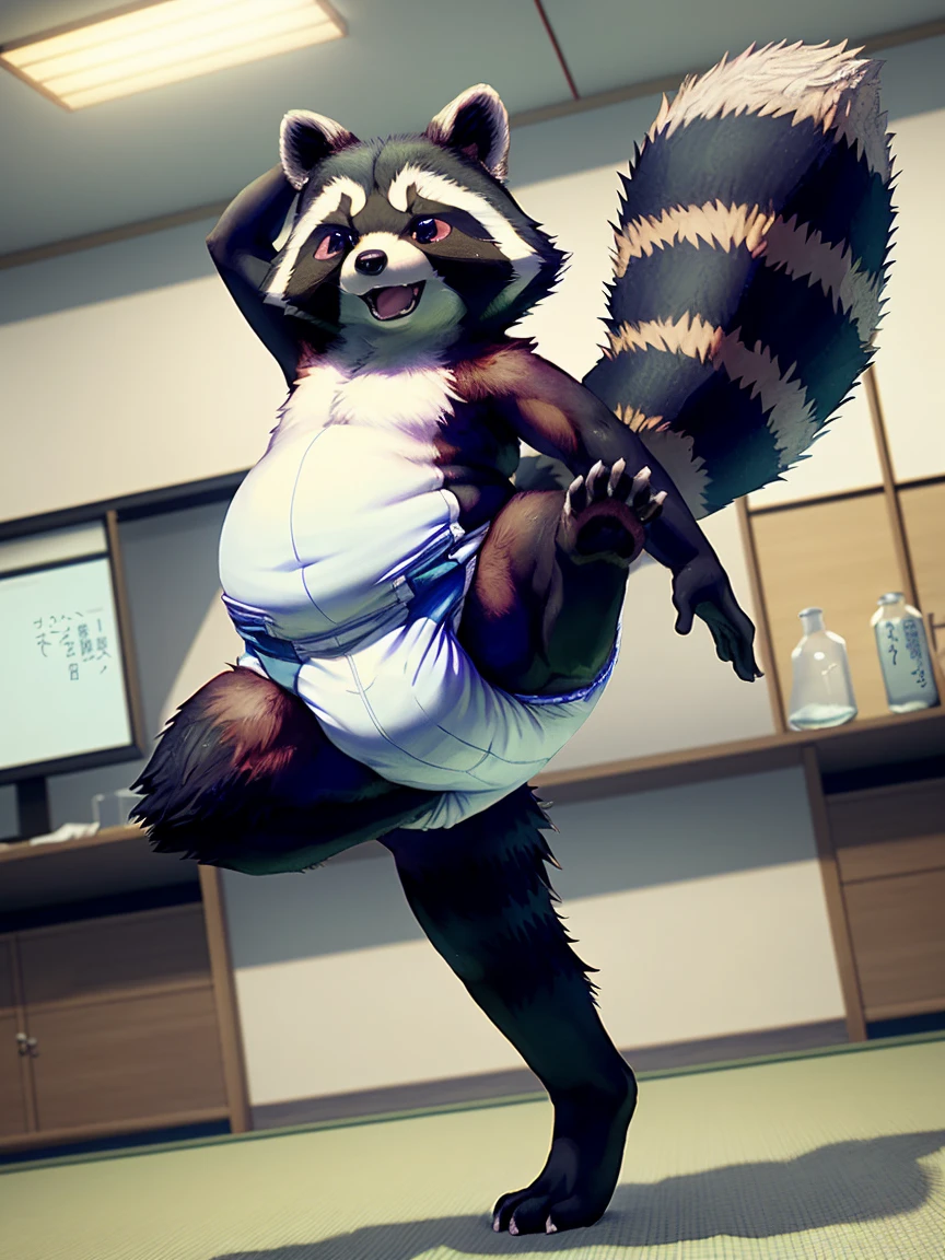 ((drawn by wadorigi on Twitter)(tanuki(Japanese raccoon dog))),big , chubby, bipedal, pure white and skyblue fur, wearing pampers disposable soggy diaper, dancing like ballerina, in laboratory , 3d realistic