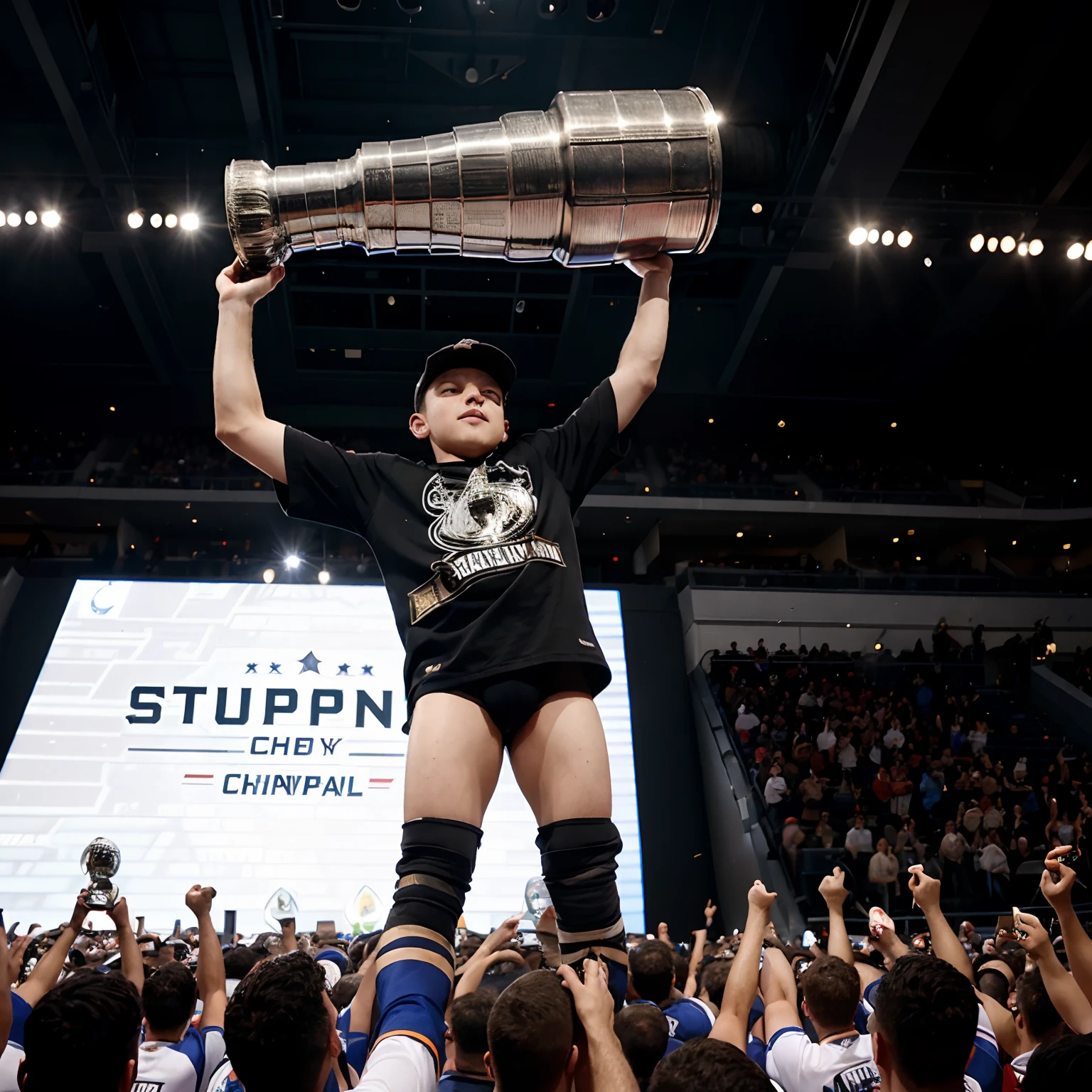 Boy lifting the Stanley cup trophy