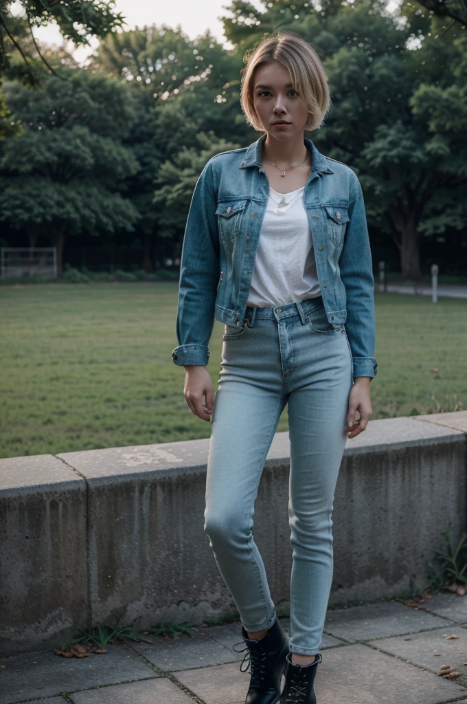 top Quority, tmasterpiece, 超高分辨率, (realisticlying: 1.4), RAW photogr, solo girl, Short blonde hair, a park, dramatic lighting, Full body photo, Short denim jacket,Emphasize the details of the face,White shirt,Dark green skinny jeans,Black riding boots