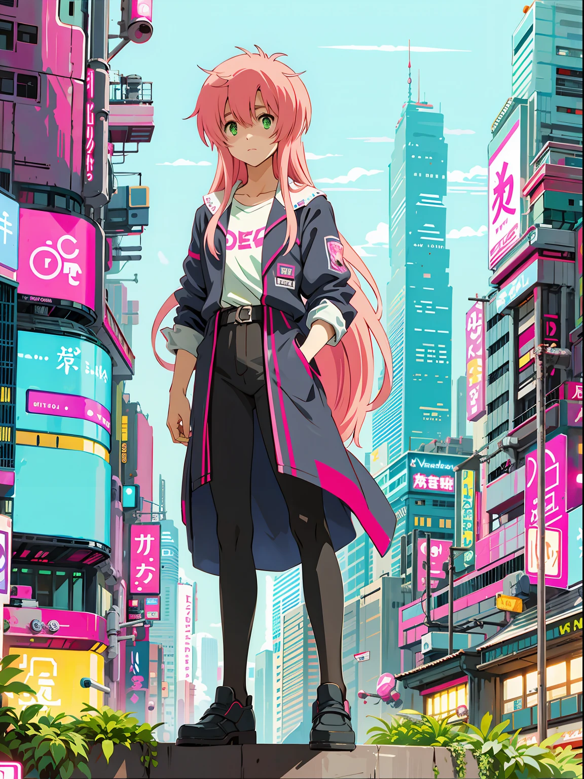 watashi, cyberpunk city, neon lights, modern clothes