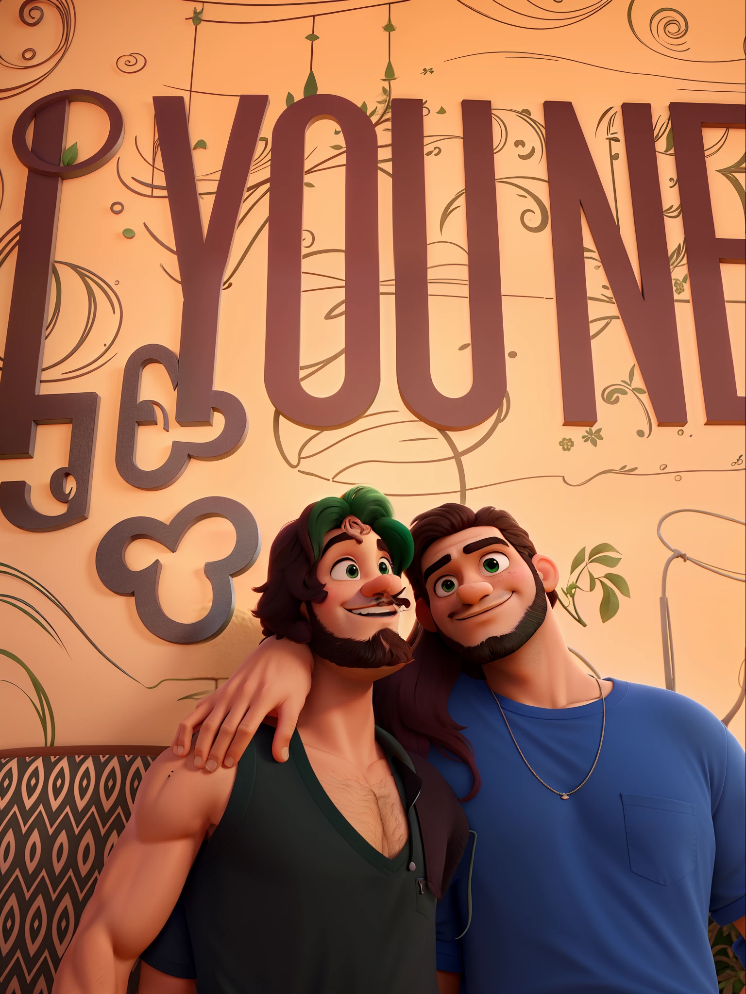 romantic couple, sunny day, homem com barba, mulher loira com olho verde, igual aos filmes Disney Pixar