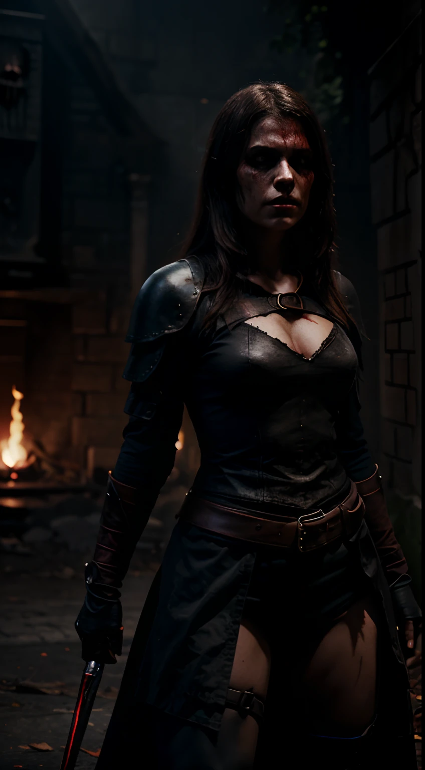 motivation, dark,evil, undead, female,red, darker, dark background, warrior character, medieval style, fighting dark pit, dead monsters