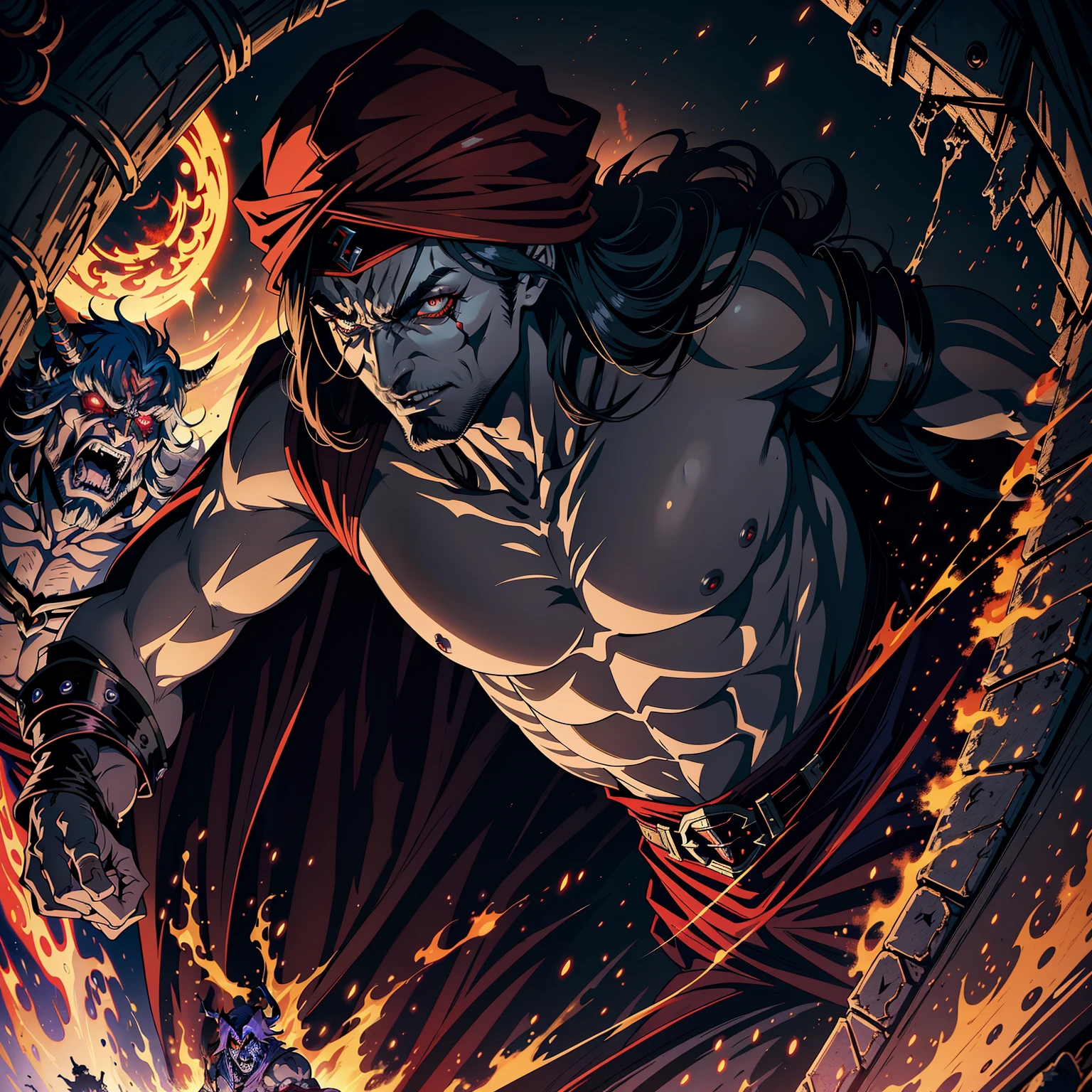 Castlevania, Hyper Realistic Shadow Lord Super Detailed Dynamic Shooting Dracula's Master Medieval Arab Warrior with Red Turban Scary Face Hokuto No Ken Structure Muscular Face Legendary Kenshiro Surrounded by Demons and Demons Talking Battlefield Cutscenes Epic Movie Hyper Realistic Movie Legendary Movie Epic Movie Epic Movie Epic Movie Epic Movie Epic Movie Beautiful, Highly Detailed Face