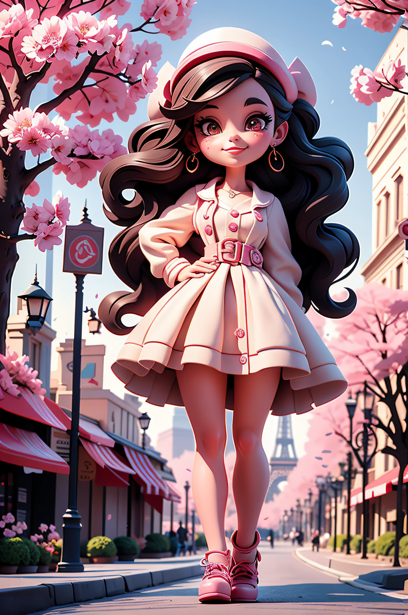 painting of the Eiffel tower, Cherry blossoms around Eiffel tower, vampire college student Cherry in Paris, sunkissed street pathway, beautiful art, uhd 4k, an exquisite illustration, gorgeous digital painting, highly detailed digital painting, very detailed digital painting, rich picturesque colors