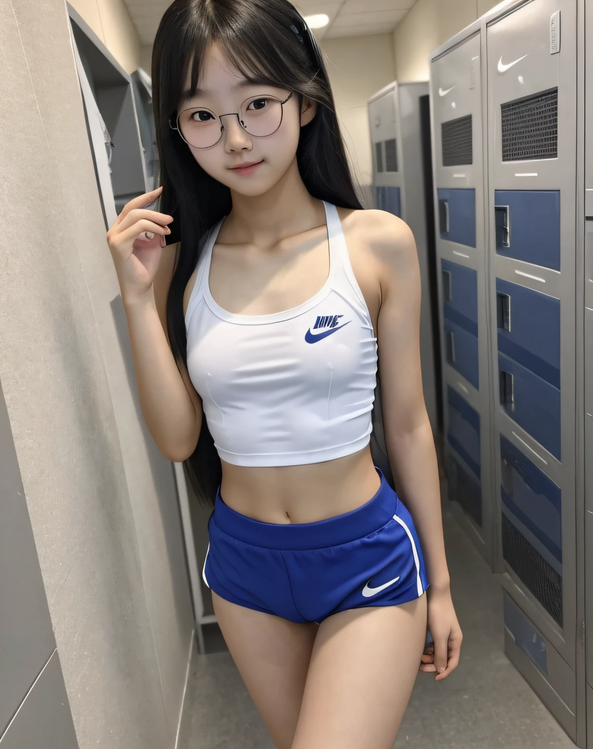  korean teen girl ,school lockerroom, nike pro shorts, string singlet, glasses, long hair, sexy, petite, young, slim, slim face, cute ,exposed breasts, ultrarealistic, smirking