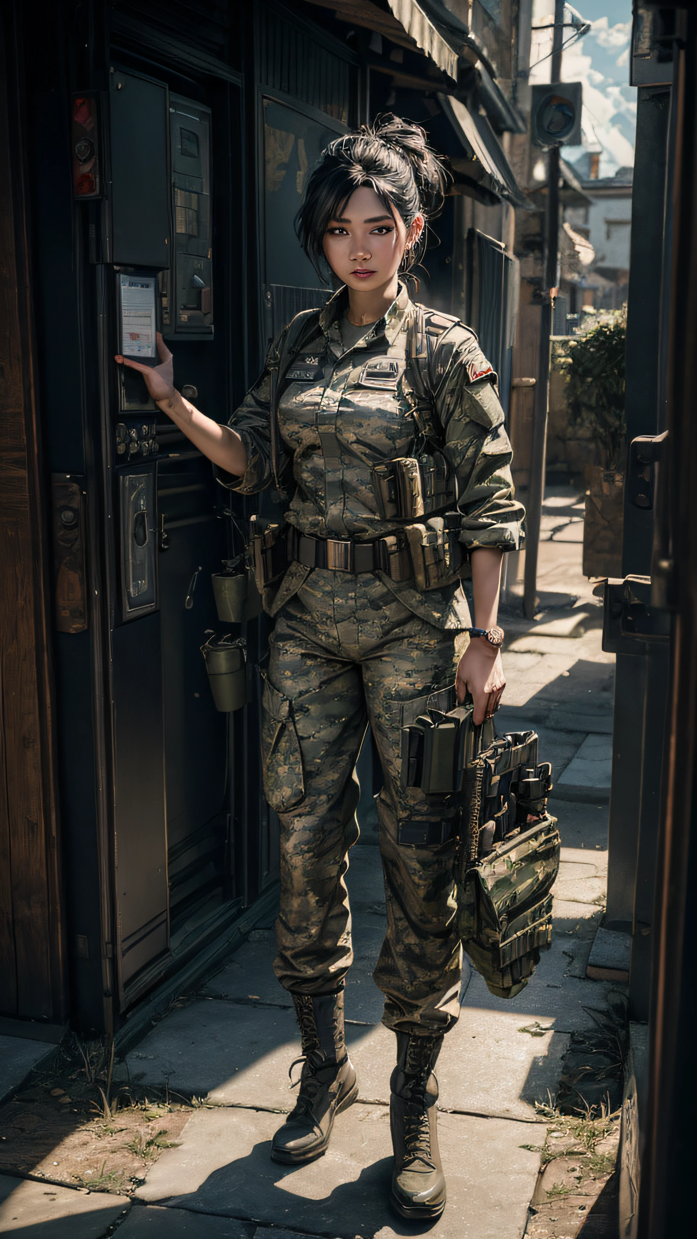 ((Best quality)), ((masterpiece)), (highly detailed:1.3), 3D, beautiful javanese goddess as soldier female urinating in her uniform pants(wearing camouflage_uniform:1.1), bandolier, holding machine gun m-60, realistic full long uniform, real life, bandolier (camouflage:1.3),HDR (High Dynamic Range), Ray Tracing,NVIDIA RTX,Super-Resolution,Unreal 5,Subsurface scattering,PBR Texturing,Post-processing,Anisotropic Filtering,Depth-of-field,Maximum clarity and sharpness,Multi-layered textures, Wide aperture, Low ISO, White balance, Rule of thirds, 8K RAW