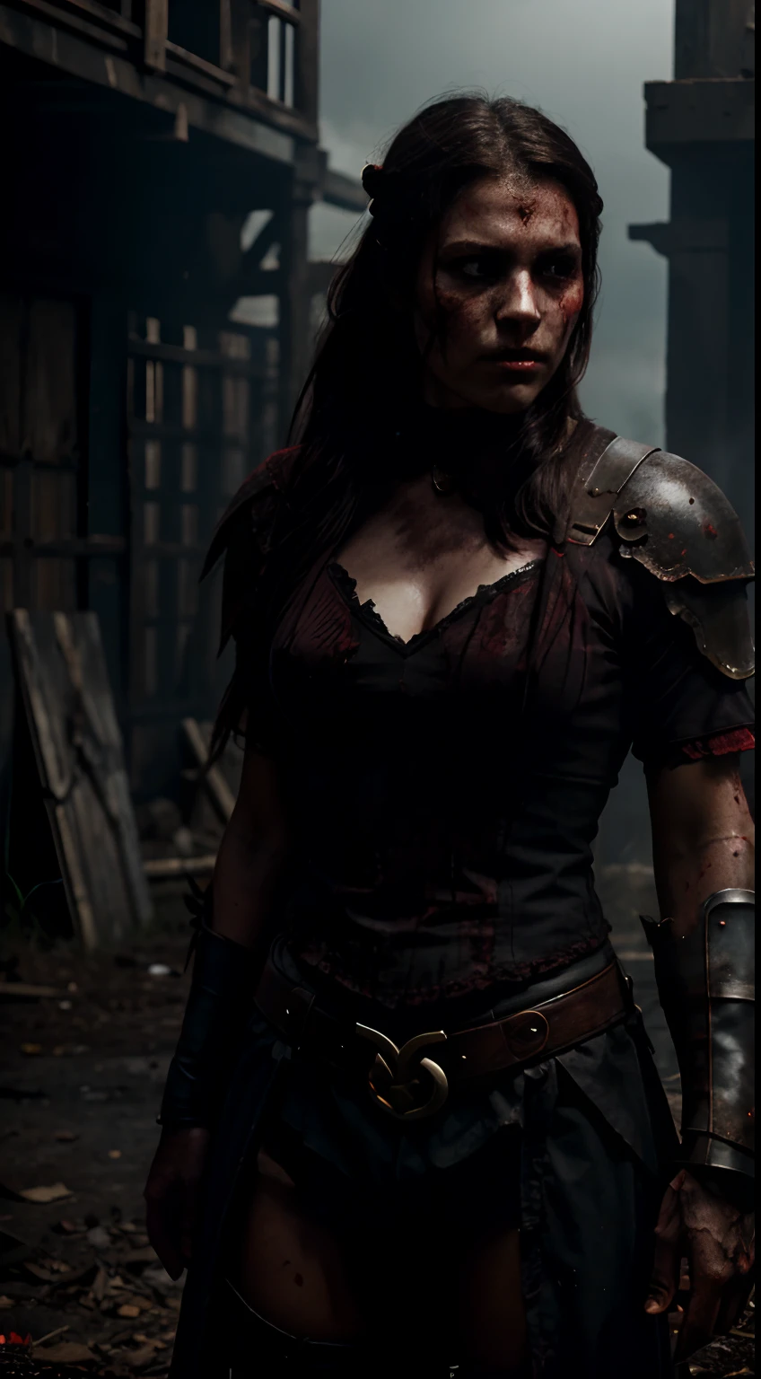 motivation, dark,evil, undead, female,red, darker, dark background, warrior character, medieval style, fighting dark pit, dead monsters