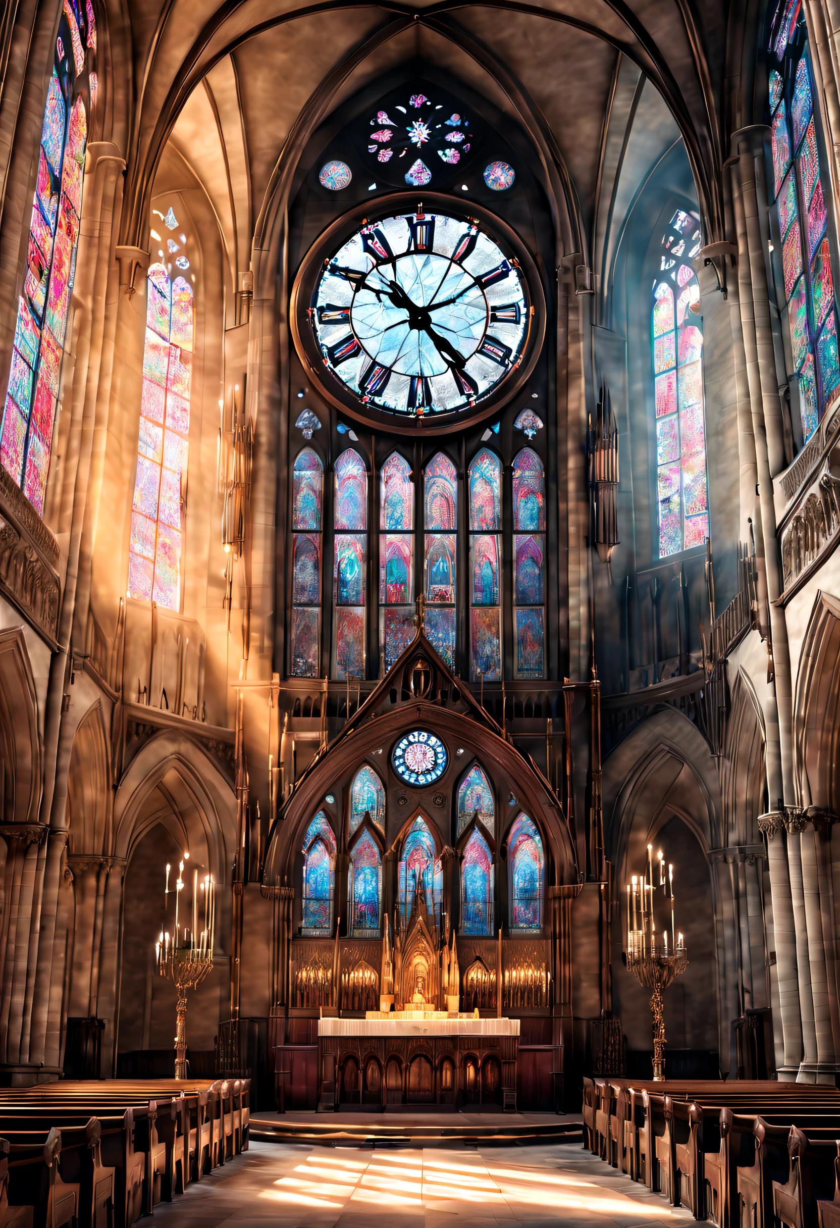 (best quality,highres,masterpiece:1.2),ultra-detailed,realistic:1.37,A stunning gothic clock elegantly hangs on the wall within an ancient cathedral. The clock is adorned with gemstones, radiating a mysterious charm. Through the vibrant stained glass windows, soft sunlight gently illuminates the scene, creating a dreamlike play of light and shadow. The atmosphere is filled with a faint fragrance, adding to the air of reverence within the cathedral. As if frozen in time, a beam of light shines upon the clock, capturing the fleeting essence of each moment.