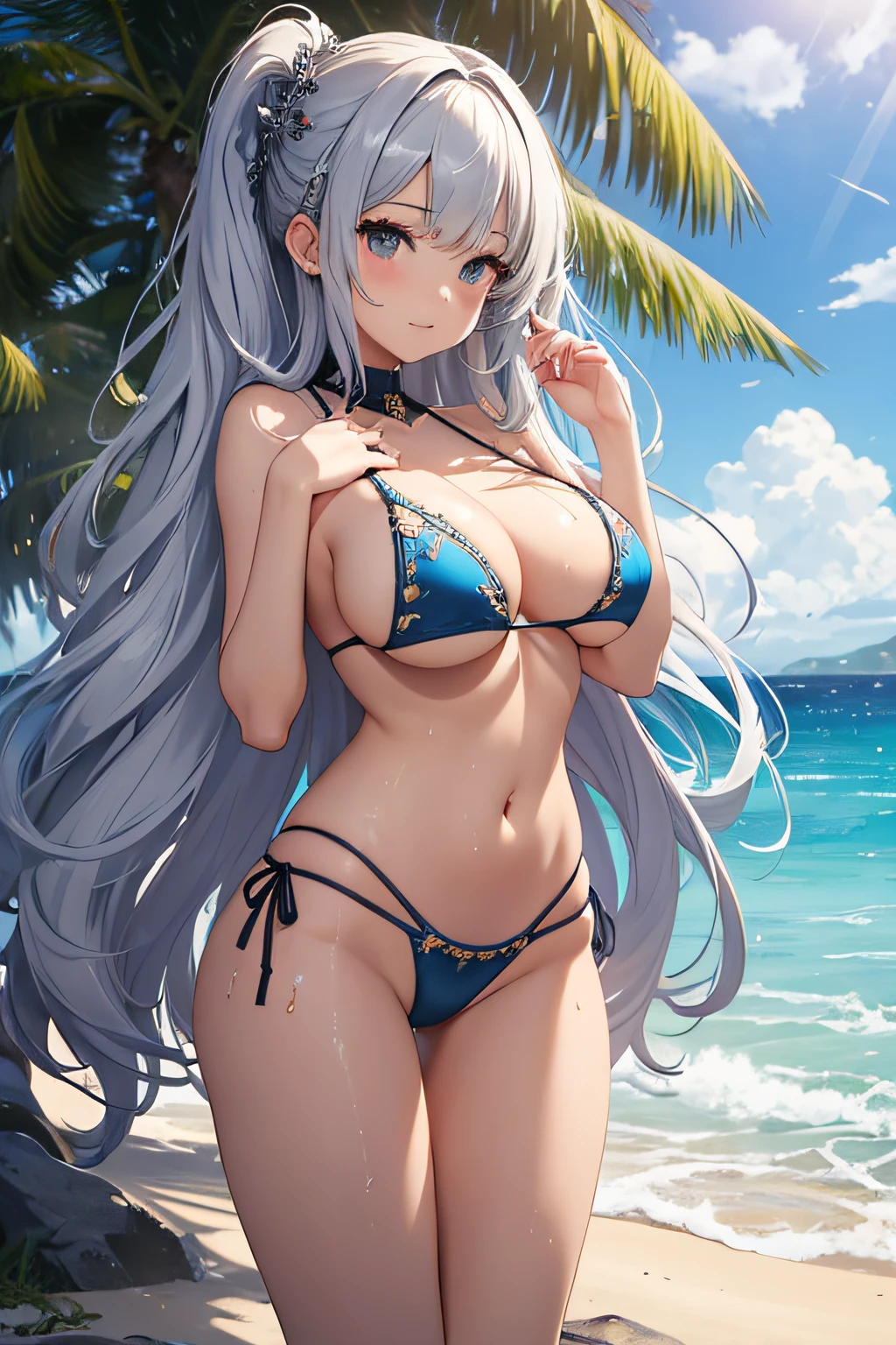 ​masterpiece、Background with（（sea side、sand beach））、15yo student、a beauty girl、Silvery hair、huge tit、Detailed embroidery on the bikini、 Get on your knees、Open your crotch、sexypose、perspiring、Hair wetness、I'm putting my hair together