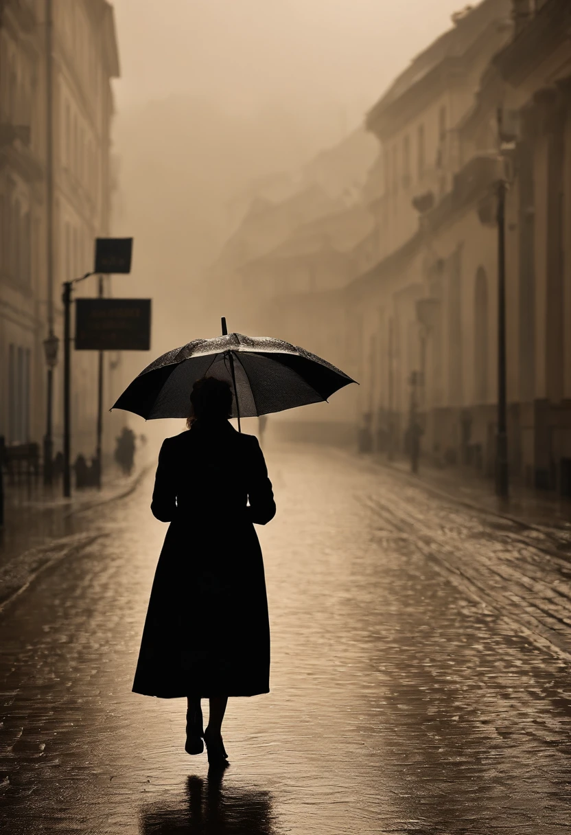 Frau im schwarzen Kleid mit Regenschirm iin der Hand, n einer nebligen Stadt, ein Bild von Kuno Veeber, Gewinner des Pixabay-Wettbewerbs, Konzeptkunst, Im Regen stehen, schwarze Silhouette, mysterious woman, pretty girl, das im Regen steht, Einzelperson mit Regenschirm, frau ((silhouette)), ((neblig)) und regnerisch, weibliches Bild im Schatten, in einer regnerischen Umgebung, Regenwetter, Rainy roads in the background , ((Nebel mit Lichtschein)) ((Ansicht von hinten)), Licht von vorn