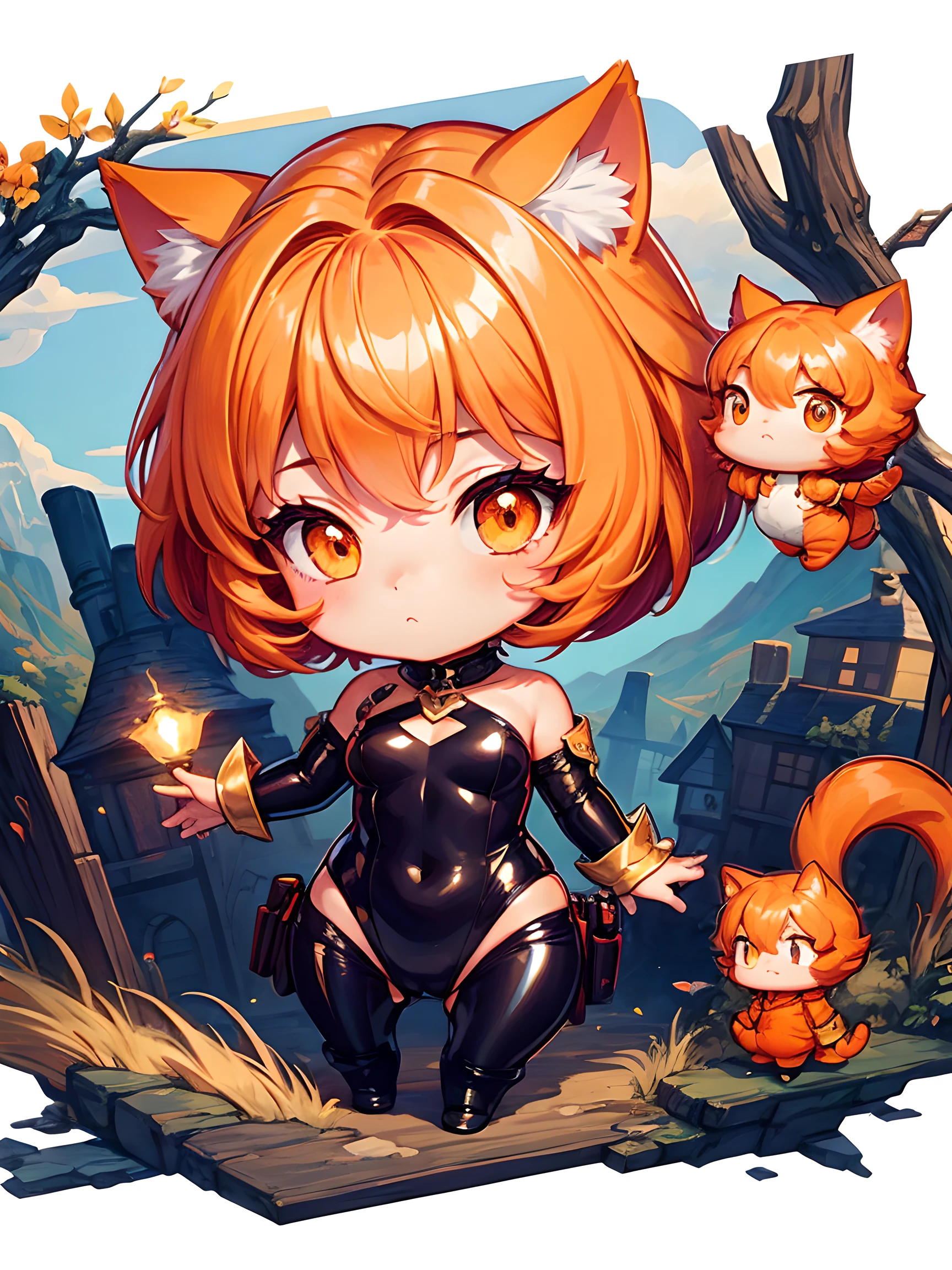 1girl in, cat girl, fantasy, orange hair, orange eyes, bob hair, orange cat ear, Mechanical black glossy metallic Bodysuit, Bare shoulders, Glossy, shiny material, chibi emote, chibi character, fantasy village,