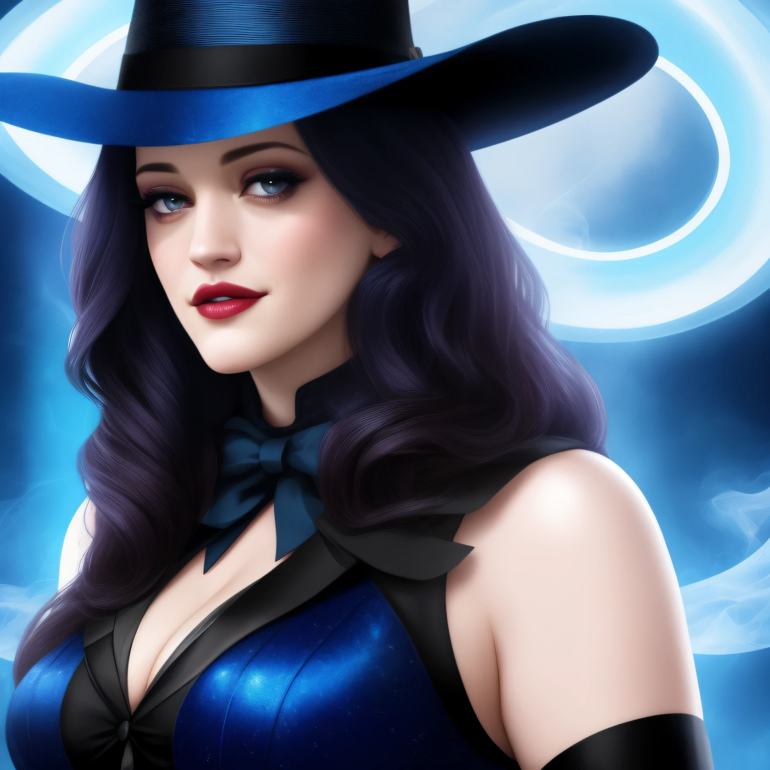 close up, Kat Dennings as Zatanna из DC Comics, epic villainess, witch, looking at viewer, subtle smile, Ghost, Dark, gothic, Ultra Detailed, blue transparent smoke swirls around her, real, high detail, best quality