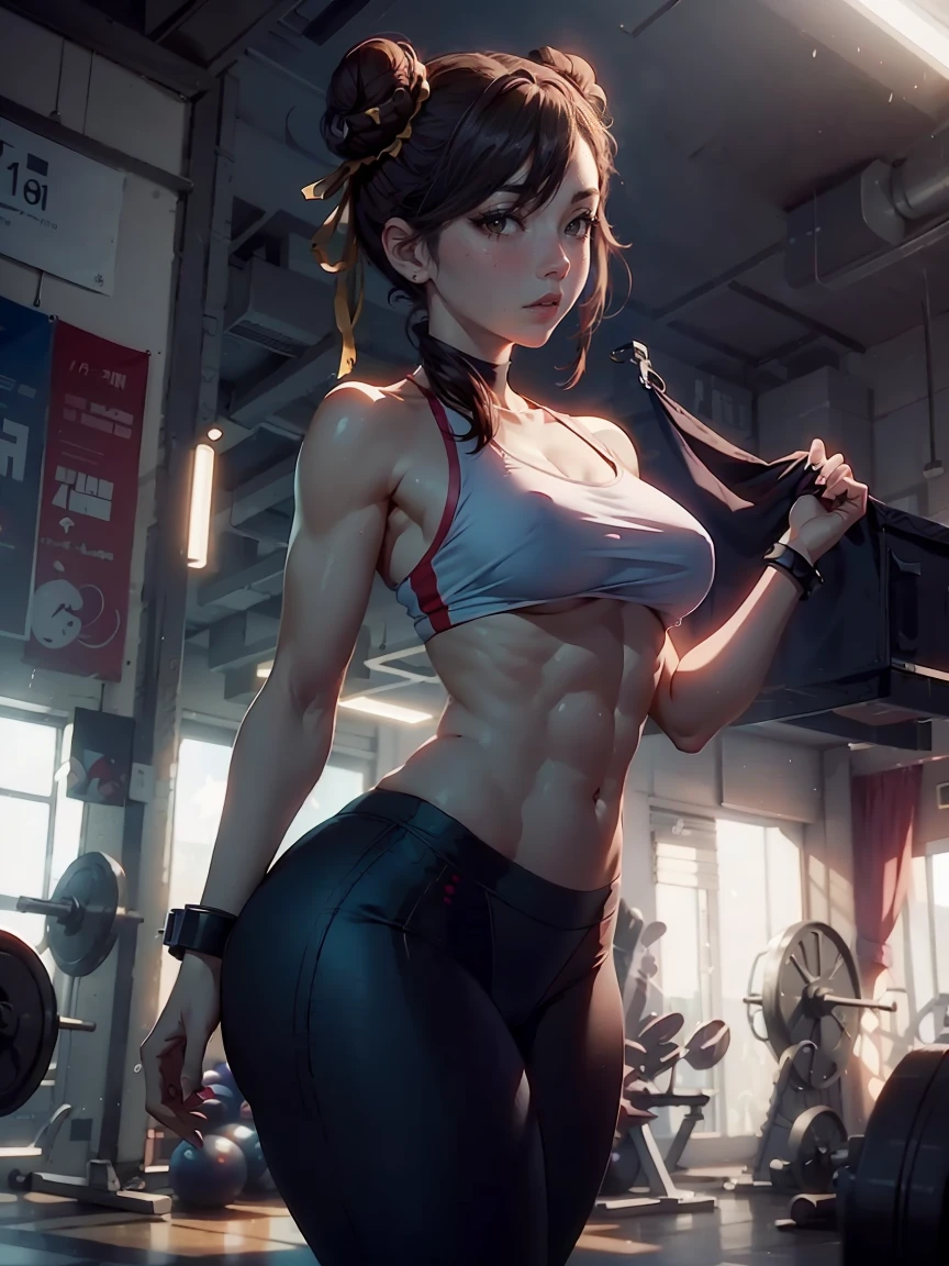 (master piece: 1.1), 1girl, anime, (sf6 chun), small breasts, double bun hair, (master piece: 1.1), 1girl, solo, 8k, ultrahd, 1girl, gym clothes, legging pants, blue pants, ((leggings, top tank)), (detailed abs), (detailed brown eyes), (arms at side body), handless, soft leggings, curvy body, gym enviroment, blur_background,