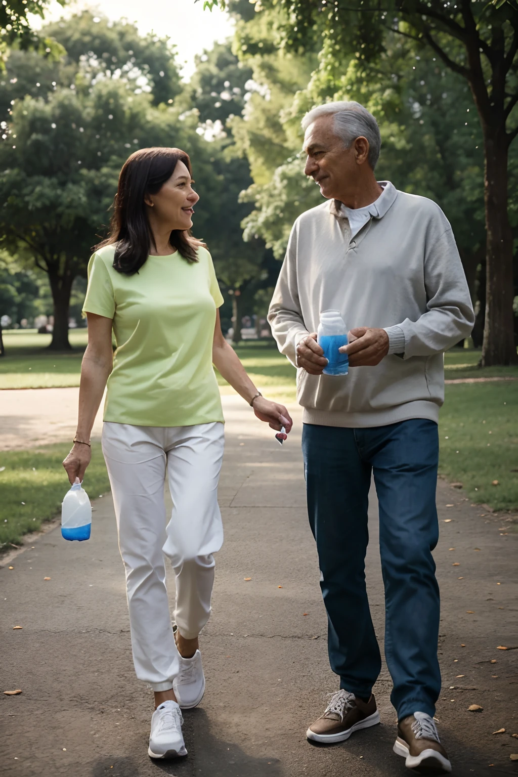 45 year old couple after a walk drinking water in a park , hyper realistic