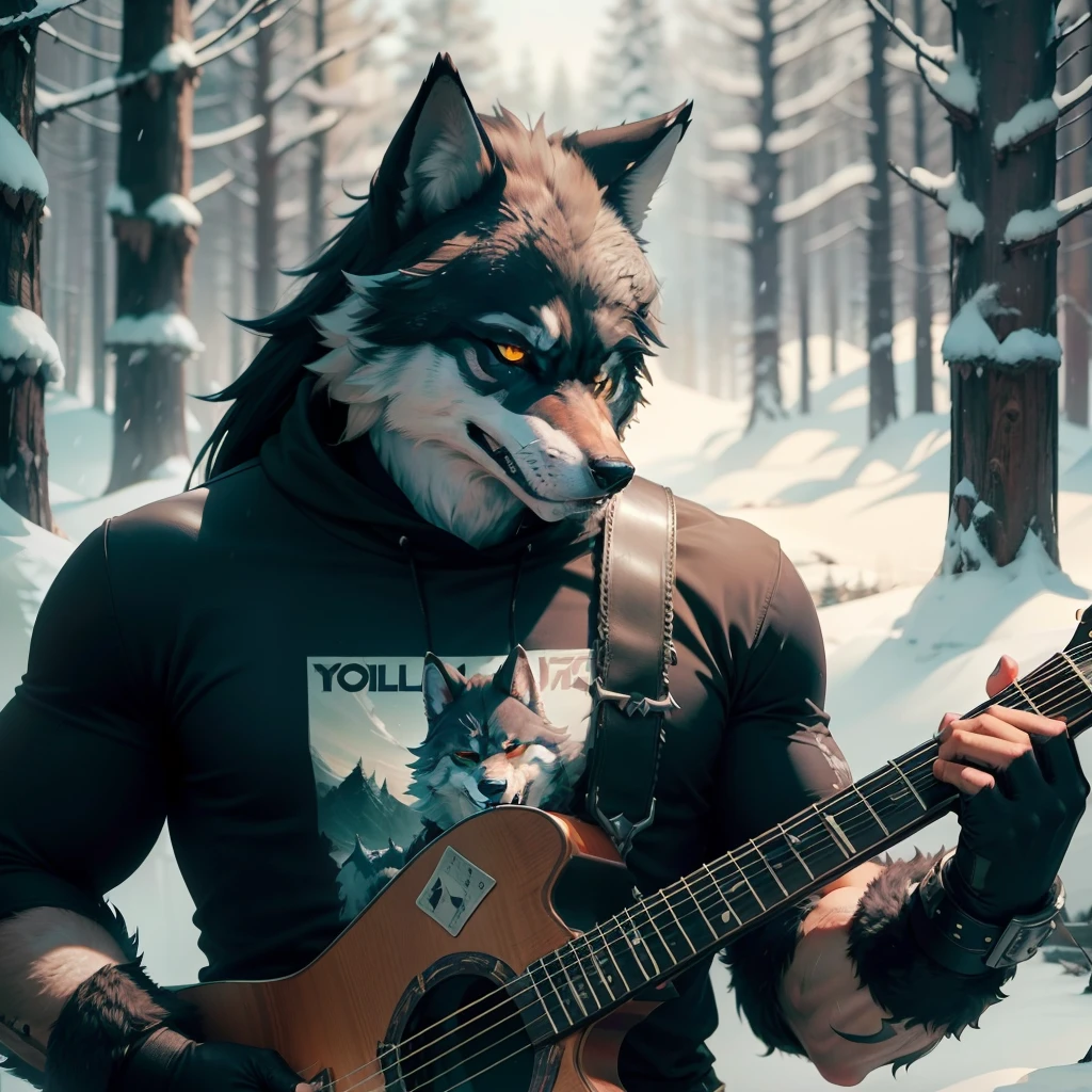 Wolf Man Cartoon, holding guitars, Wolf O'Donnell, In the style of heavy metal comics, anthropomorphic cyberpunk fox, Sexy Werewolf Moral High Rage, Portrait of Knoll, McLeod Fox, Toony, Portrait of Jughead Jones, Furry Moshot Art, Demon Fang, (plays the guitar) ((Gittle))Above the Ice Forest, In this forest there are dead trees without leaves and frozen lakes, Piano score on the floor Close-up of a photo of a wolf in it, Yu-Gi-Oh Card, Direwolf, melting, Anatomically correct Balpin, Black Wolf, Three-tailed wolf, flame conjuring armored, Explosion of mystical energy, a minotaur wolf, 遊戯王, Demonfangnor, ((Nordic wolf) ), nordic, Wolves in nature, nordic ((Dress Cold Downy Shirt)) Muscle Fury ((heavy metal)) (((boulders))) bloods ((bloods))