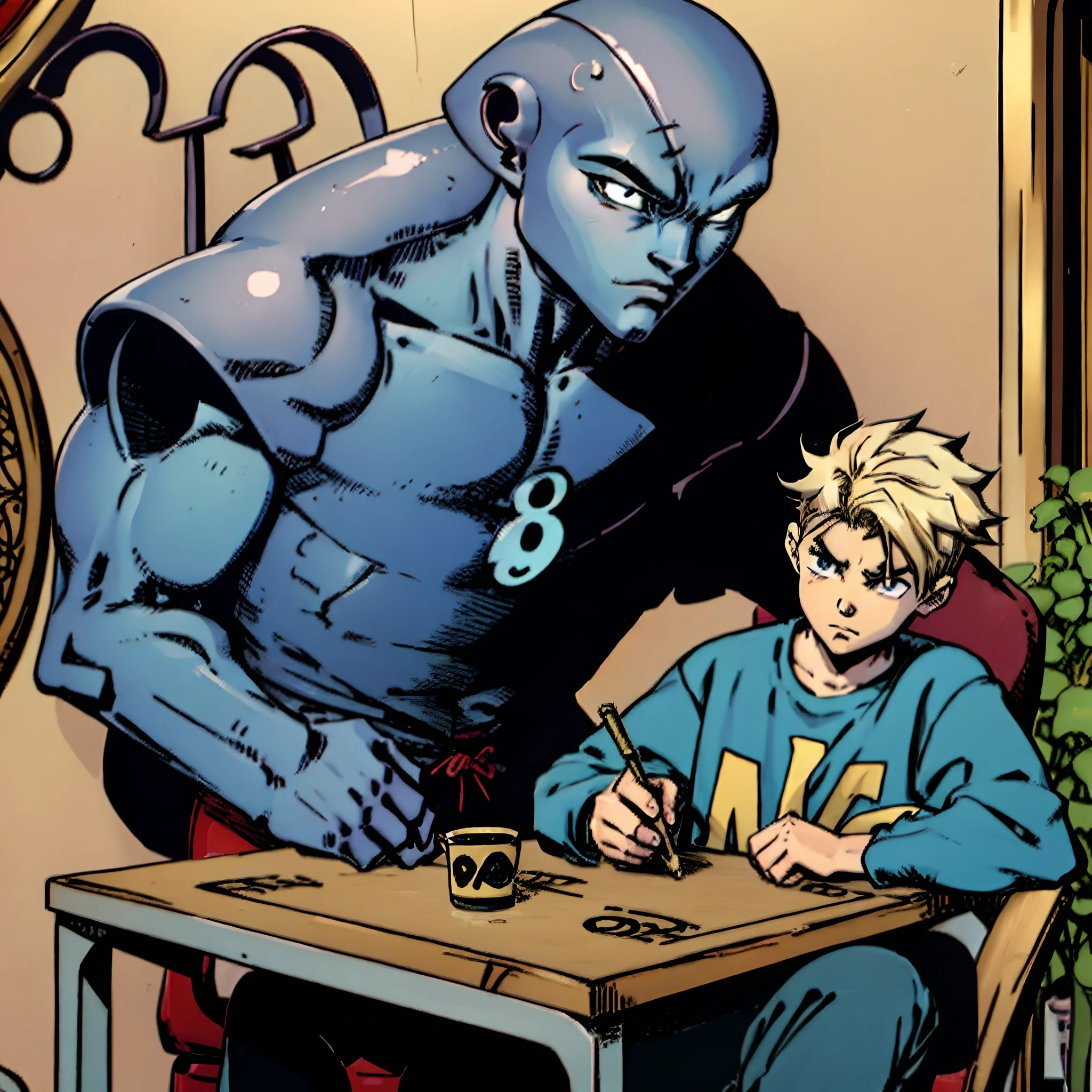 anime blue alien person with hip-hop fashion sitting at a table with a young boy. the boy has blonde short hair and a blue shirt and a scar in his right eye anime cartoon