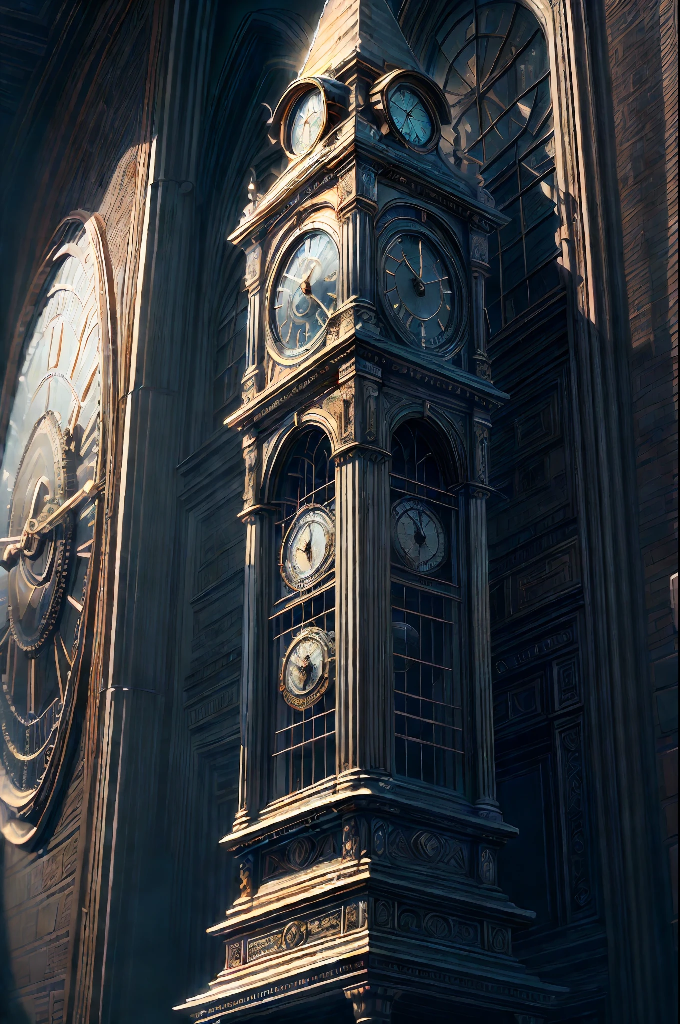 (8K, 16k, Award-winning, Highest quality, Highest resolution, Super detail, High detail, Anatomically correct, Masterpiece),UHR, Clock on the bell tower of the church,Ancient chronometric mechanism, delicate craftsmanship , A legendary mechanical clock, Rare and precious, Intricate details,Mechanical clocks are made of a metal called orichalcum, There are no gemstones, (The inside of the mechanical clock is engraved with ancient characters: 1.2), Impeccable, Platinum, White, Gold and silver, Church bell tower,cyber punk perssonage,Gigantic clock
