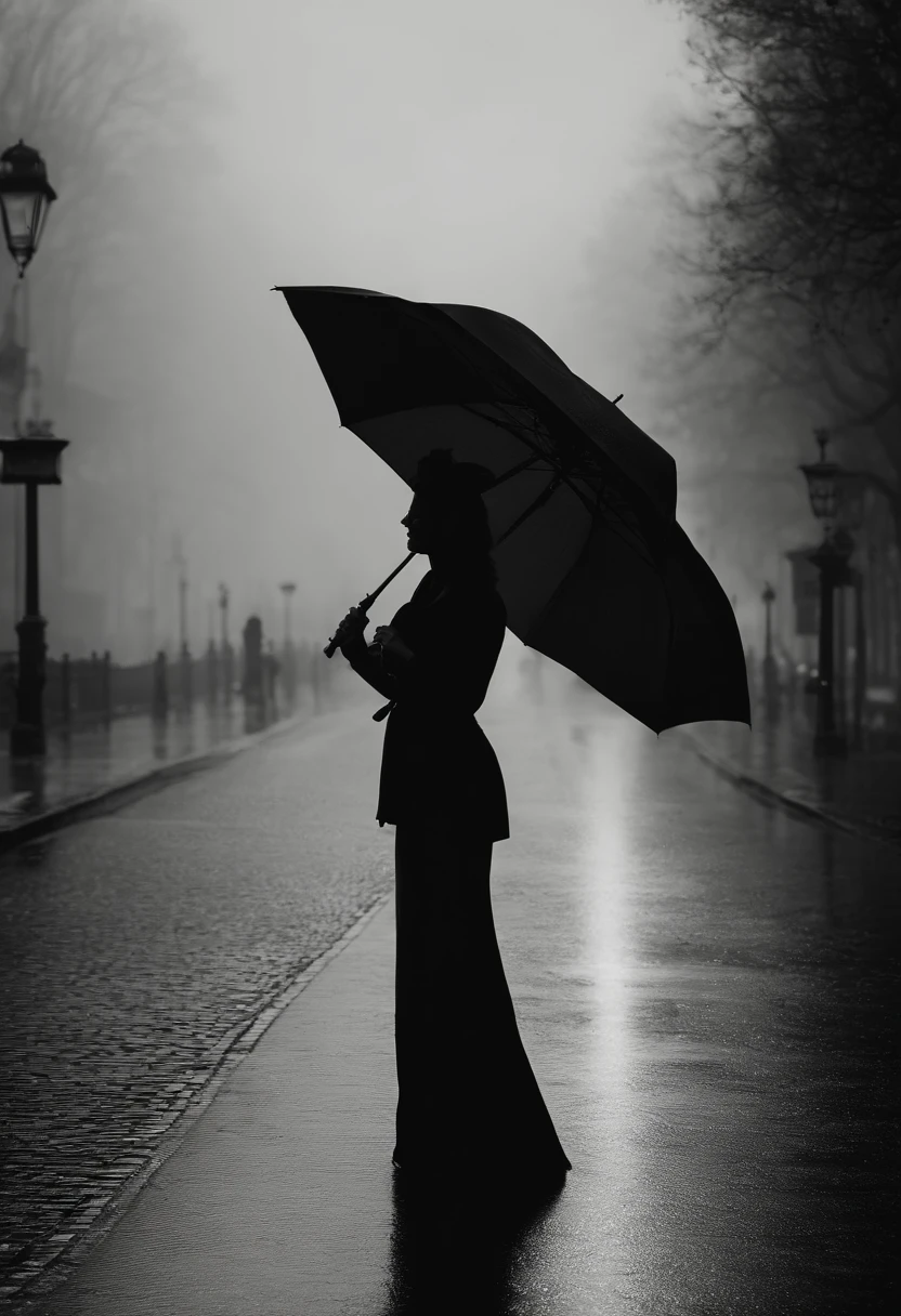 Frau im engen Kleid mit Regenschirm iin der Hand, in einer nebligen Stadt, ein Bild von Kuno Veeber, Gewinner des Pixabay-Wettbewerbs, Konzeptkunst, Im Regen stehen, schwarze Silhouette, mysterious woman, pretty girl, das im Regen steht, Einzelperson mit Regenschirm, frau ((silhouette)), ((neblig)) und regnerisch, weibliches Bild im Schatten, in einer regnerischen Umgebung, Regenwetter, Rainy roads in the background , ((Nebel mit Lichtschein)) ((Ansicht von hinten)), Licht von vorn