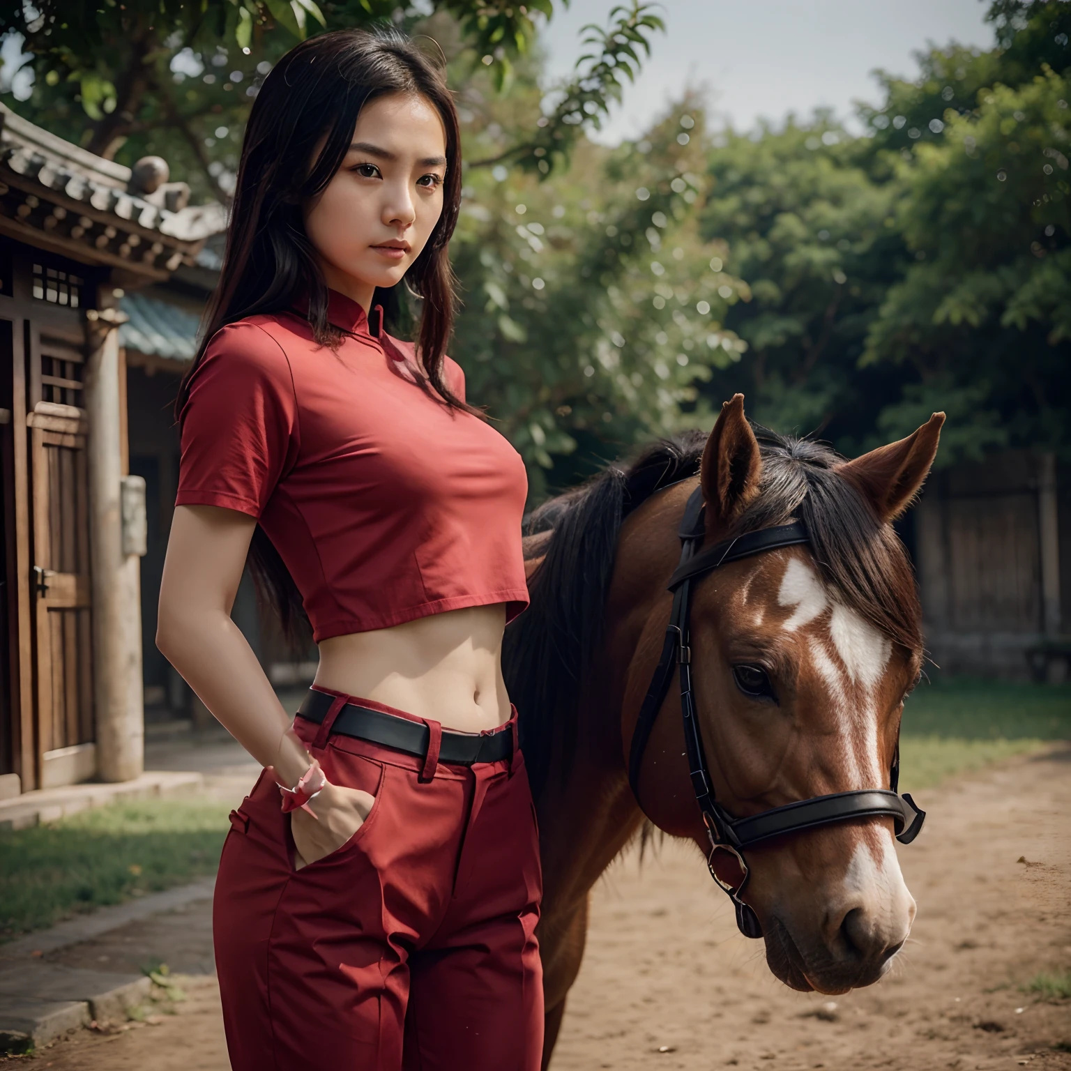 Lin Xin Yuan wore tight-fitting trousers, a red waistband around her petite waist, and held a horsewhip, evidently just returning from the horse stable. Make the art like a Chinese manwha