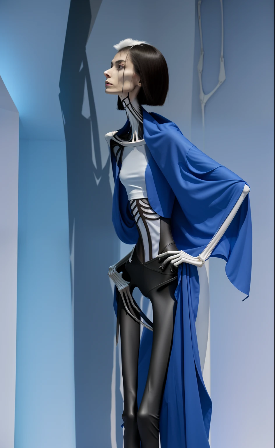 Extremely thin woman, A thin body，Protruding sternum，Slim waist，The ribs are noticeable，The pelvis is visibly protruding，White skin of the，Thin shoulders，Very slim waist，Extremely skinny，Sunken abdomen，Skin and bones，short detailed hair，Haggard face，Wear tight leather pants