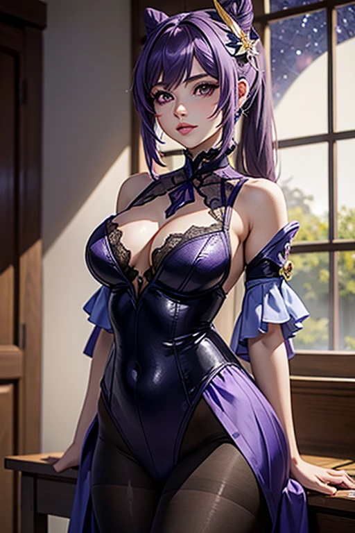 A girl, Keqing , Genshin Impact, blushing face , Purple lace bodysuit, Porte-jartelle violet, bas violet, purple lace stockings, Sexy Underwear, (Best quality:1.1), (Masterpiece:1.4), 1fille, (cheveux volumineux)+ , ((cheveux longs))++, cheveux longs , (Yeux violet) , (big lips)+, peau brillante, brillant, starry night,