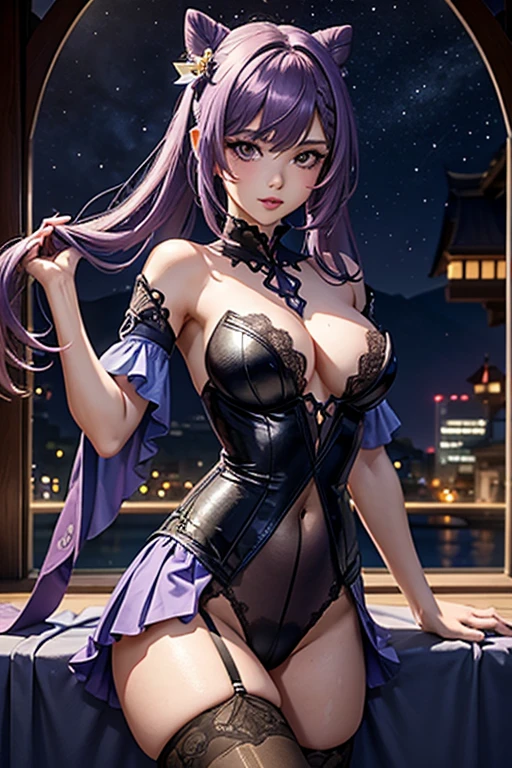 A girl, Keqing , Genshin Impact, blushing face , Purple lace bodysuit, Porte-jartelle violet, bas violet, purple lace stockings, Sexy Underwear, (Best quality:1.1), (Masterpiece:1.4), 1fille, (cheveux volumineux)+ , ((cheveux longs))++, cheveux longs , (Yeux violet) , (big lips)+, peau brillante, brillant, starry night,