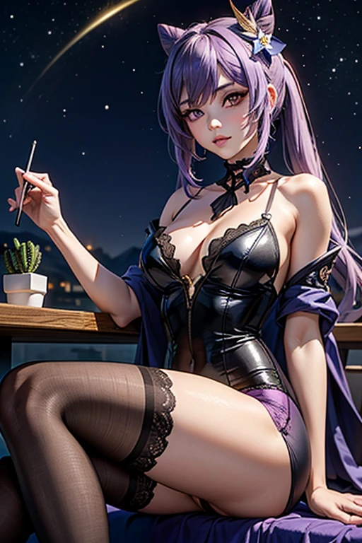 A girl, Keqing , Genshin Impact, blushing face , Purple lace bodysuit, Porte-jartelle violet, bas violet, purple lace stockings, Sexy Underwear, (Best quality:1.1), (Masterpiece:1.4), 1fille, (cheveux volumineux)+ , ((cheveux longs))++, cheveux longs , (Yeux violet) , (big lips)+, peau brillante, brillant, starry night,