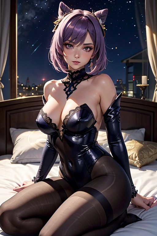 A girl, Keqing , Genshin Impact, blushing face , Purple lace bodysuit, Porte-jartelle violet, bas violet, purple lace stockings, Sexy Underwear, (Best quality:1.1), (Masterpiece:1.4), 1fille, (cheveux volumineux)+ , ((cheveux longs))++, cheveux longs , (Yeux violet) , (big lips)+, peau brillante, brillant, starry night,