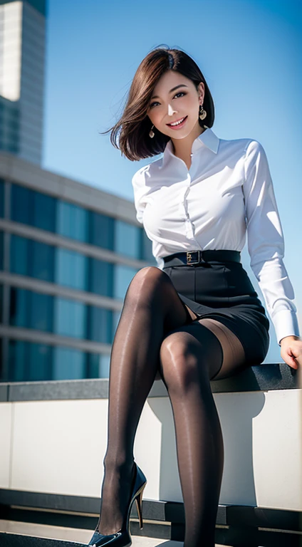 (8K, Best quality, Masterpiece:1.2), (Realistic, photo-realistic:1.37), Ultra-detailed, 1 girl, full bodyesbian, Outdoors, (Adjust hair:1.5) Office Lady, black officeblazer, officeskirt, (Pantyhose black stockings:1.2), (short buttoneddownshirt:1.2), buttonedupcollarprim, buttoneddowncollarprim, Bra, (Pantyhose:1.2), alphalayers, high-heels, Beautiful earrings, Cute, Solo, Beautiful detailed sky, (Smile:1.15), (Closed mouth), Small breasts, Beautiful detailed eyes, Business attire, (Naked flesh，short detailed hair:1.2), Floating hair NovaFrogStyle,