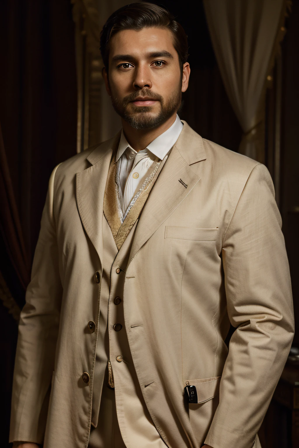 Photography, realistic, portrait, president, doctor, physician, pardo, male, man, bearded, short hair, royal garment, rich, thin