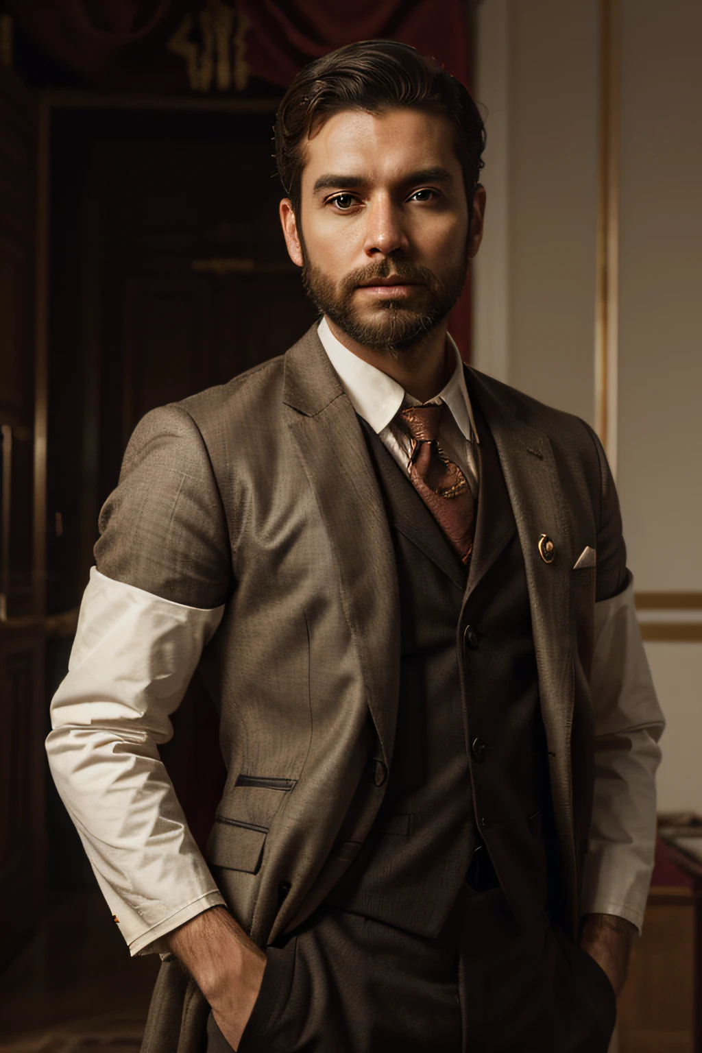 Photography, realistic, portrait, president, doctor, physician, pardo, male, man, bearded, short hair, royal garment, rich, thin