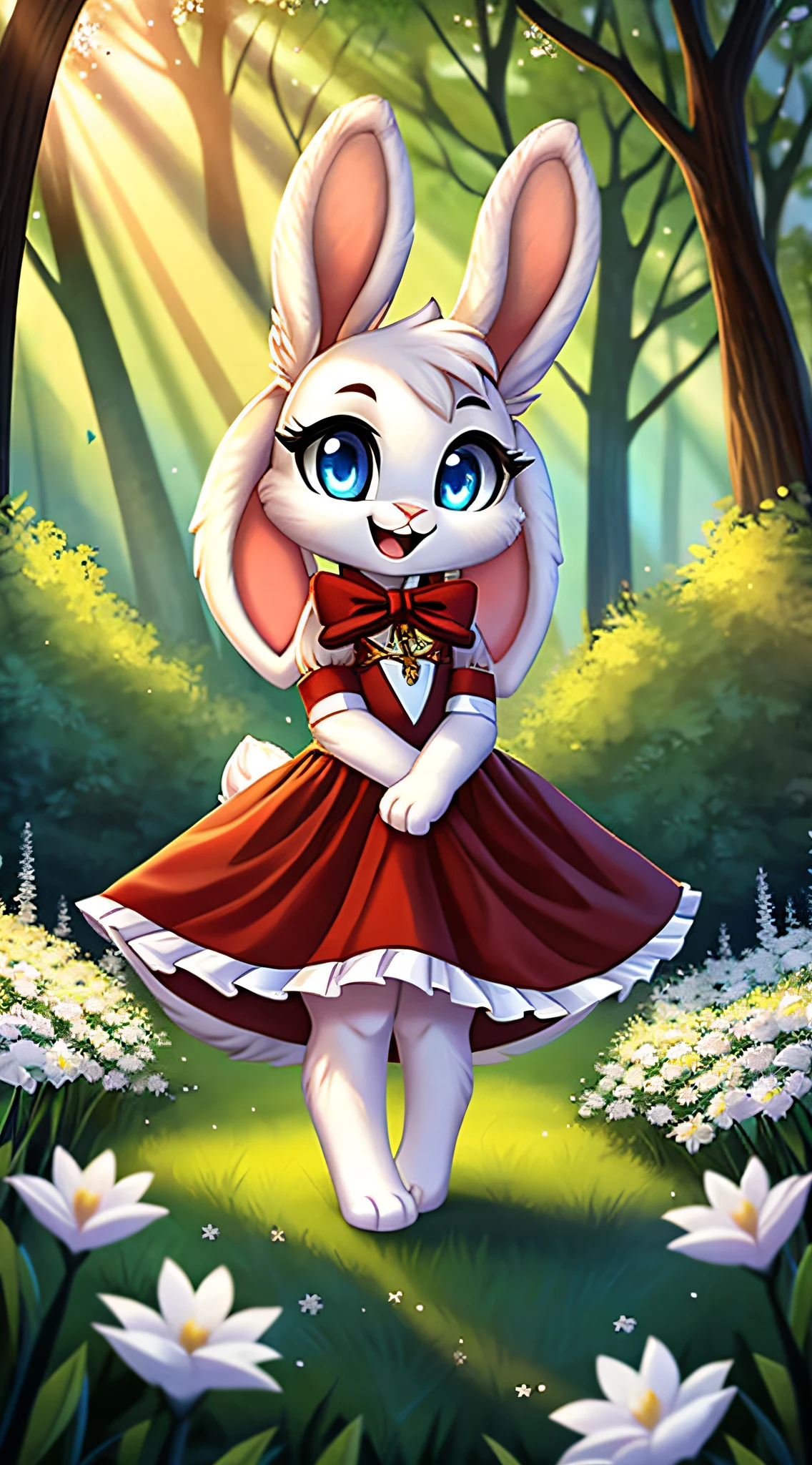 zoomed out image, fantasy style art, cute, adorable, short character, small, tiny little fluffy female white bunny with blue eyes, 4 ears, 2 extra ears, big floppy ears, long ears, ears perked up, raised ears, long eyelashes, poofy rabbit tail, wearing a red frilly ribbon dress, smiling, standing in a forest, big expressive smile, open mouth, wide eyes, excited eyes, excited face, stunning visuals, sunlight coming through the trees, white flowers scattered in the bushes, digital illustration