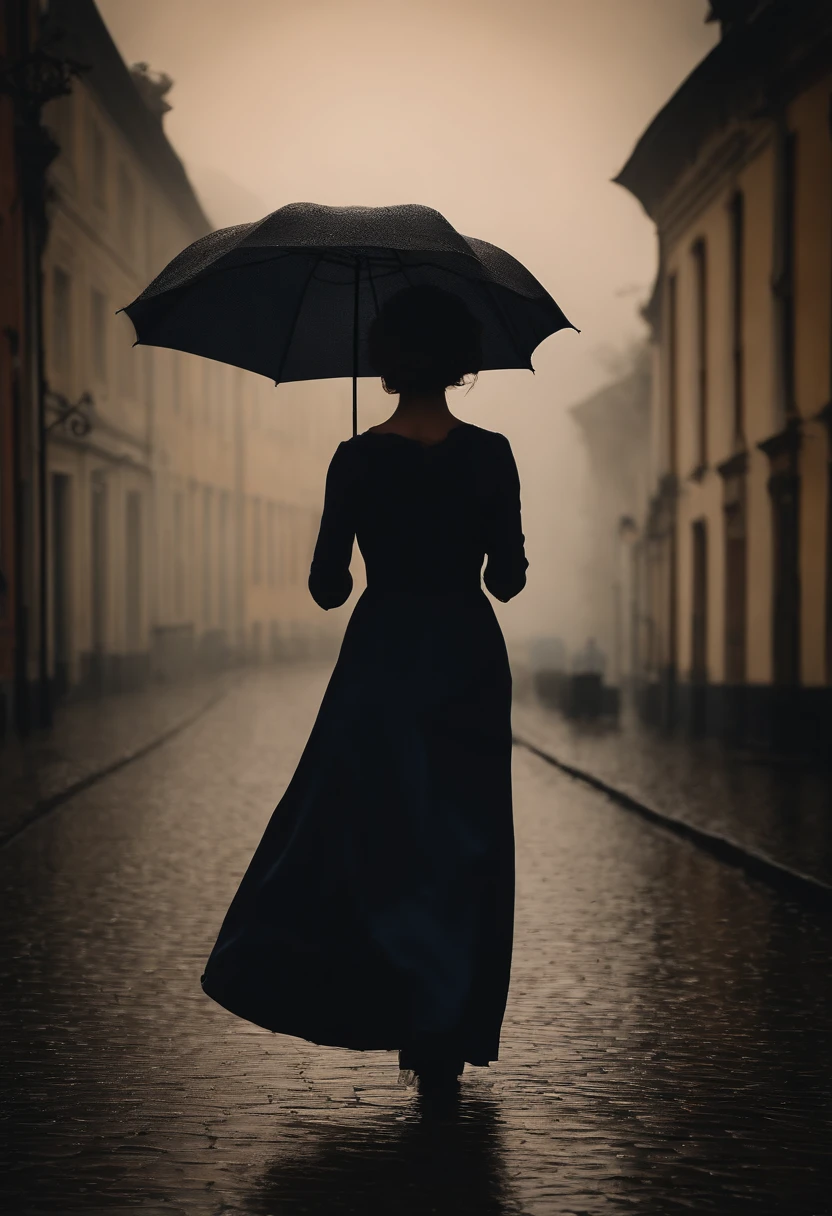 Frau im engen Kleid mit Regenschirm iin der Hand, in einer nebligen Stadt, ein Bild von Kuno Veeber, Gewinner des Pixabay-Wettbewerbs, Konzeptkunst, Im Regen stehen, mysterious woman, pretty girl, das im Regen steht, Einzelperson mit Regenschirm, frau ((silhouette)), ((neblig)) und regnerisch, weibliches Bild im Schatten, in einer regnerischen Umgebung, Regenwetter, Rainy roads in the background , ((Nebel mit Lichtschein)) ((Ansicht von hinten)), Licht von vorn