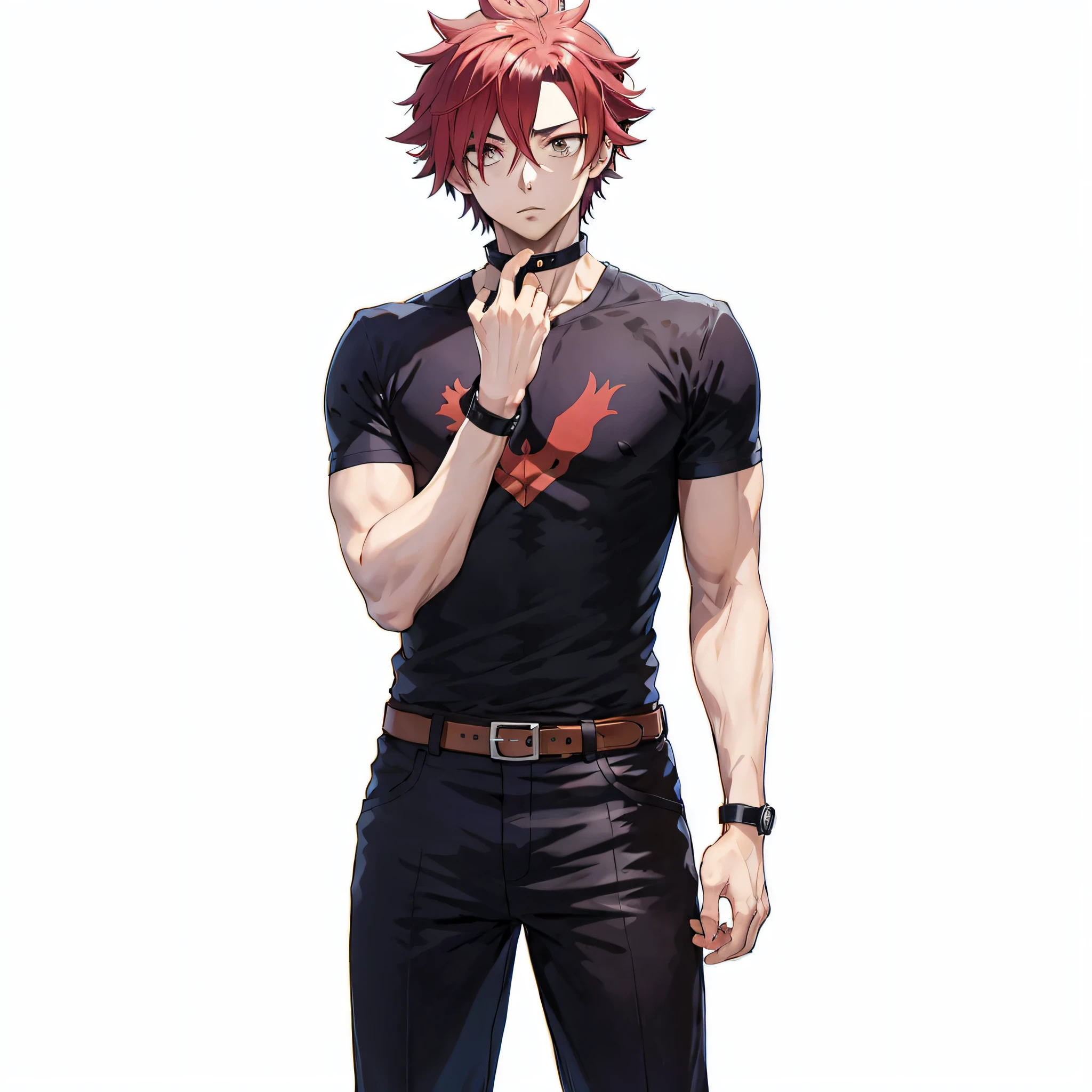 cara anime com cabelo vermelho e camisa preta posando para uma foto, arte oficial do personagem, pose de anime bonito, personagem de anime masculino, single character full body, homem bonito anime, official character illustration, cara de anime alto com olhos azuis, full body single character, personagem principal, Arte de Ryuta Ueda, arte cg anime suave, cara bonito na arte demon slayer