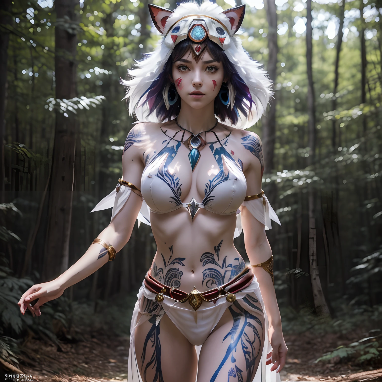 (Realistic, masterpiece, ethereal, cosmic, mirror colors background, vivid light pyramids, tree spirits falling in background, refracting light, surreal aesthetic, cinematic lighting), (1female, princess mononoke wearing red and gold mask on head, beautiful blue crystal necklace, beautiful eyes, perfect face, perfect nose, perfect eyes, gray eyes, sheer, white armor with halter top, intricate white plate armored, decorative sexy armor, huge breasts, large quadriceps, 6 pack abs, skinny waist, shiny hair, shiny skin, confident stance, sexy pose, small tattoos, many tattoos, platinum hair mid length bob cut) ears pierced many, sternum tattoo, tree spirit tattoos, heavy tattoo chest, heavy tattoo shoulder, heavy tattoo sternum