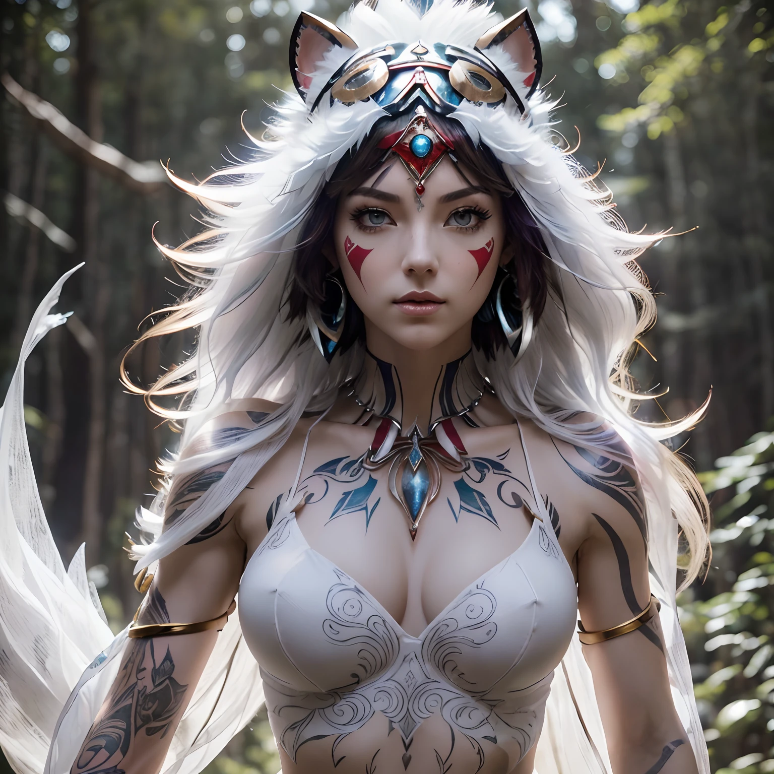 (Realistic, masterpiece, ethereal, cosmic, mirror colors background, vivid light pyramids, tree spirits falling in background, refracting light, surreal aesthetic, cinematic lighting), (1female, princess mononoke wearing red and gold mask on head, beautiful blue crystal necklace, beautiful eyes, perfect face, perfect nose, perfect eyes, gray eyes, sheer, white armor with halter top, intricate white plate armored, decorative sexy armor, huge breasts, large quadriceps, 6 pack abs, skinny waist, shiny hair, shiny skin, confident stance, sexy pose, small tattoos, many tattoos, platinum hair mid length bob cut) ears pierced many, sternum tattoo, tree spirit tattoos, heavy tattoo chest, heavy tattoo shoulder, heavy tattoo sternum