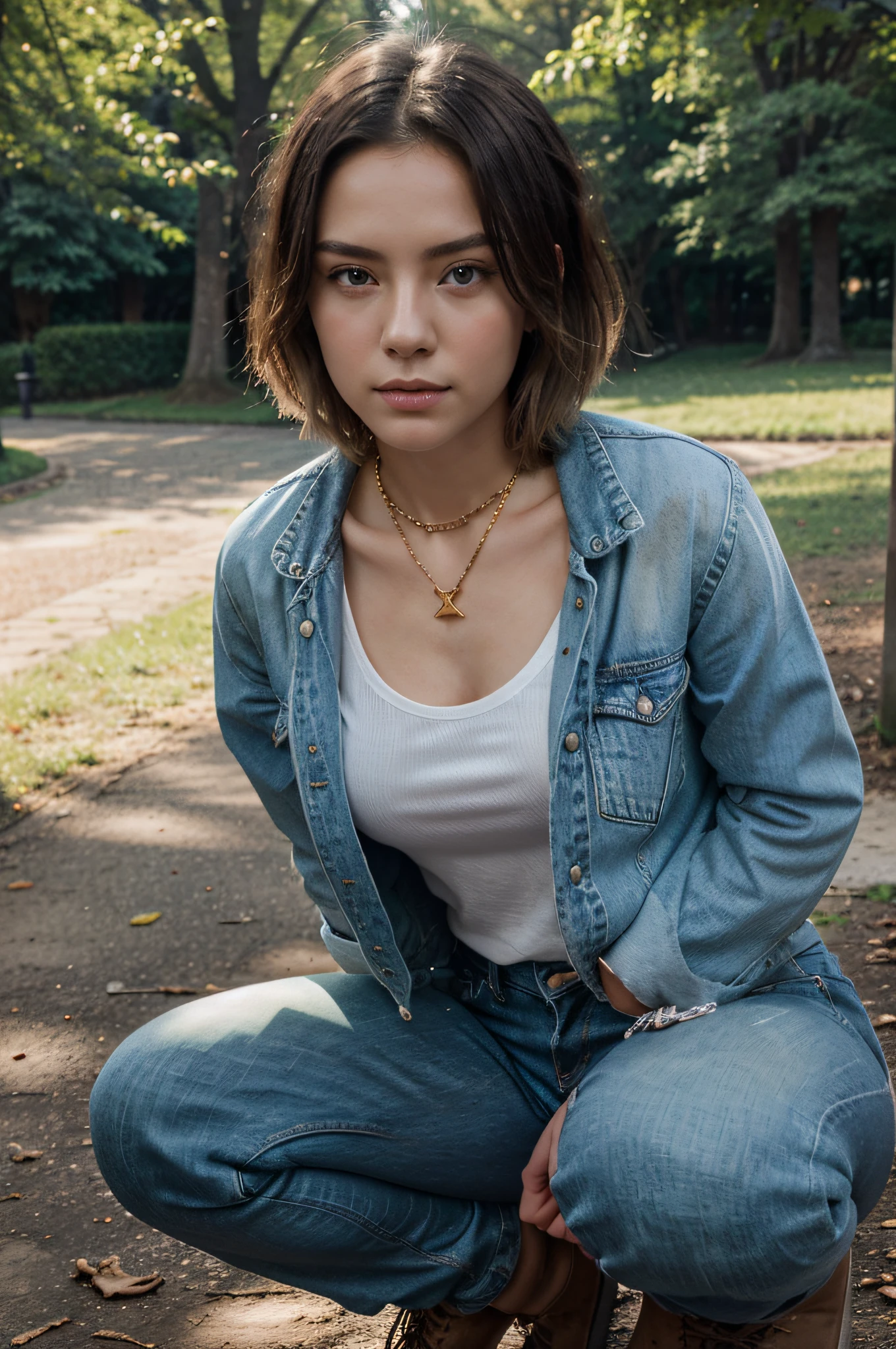 top Quority， tmasterpiece， 超高分辨率， （realisticlying： 1.4）， RAW photogr， solo girl， Short blonde hair， a park， dramatic  lighting， Full body photo， Short denim jacket，Emphasize the details of the face，White shirt，Dark green skinny short jeans，Black riding boots, Eyes look at the lens，half squatting，Lean forward to face the camera，There is a gold necklace around the neck