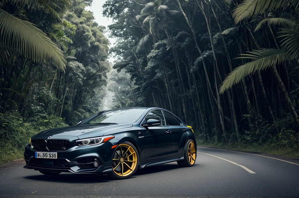 Black car, yellow rims, fast speed, long road, jungle background