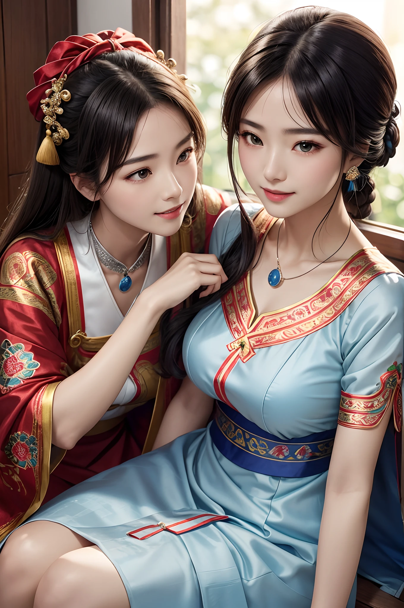 (8K分辨率,Vista half body photo),(closeup portrait of two women,sitting together,Detailed Face, front view, Look at the camera,duo,stroking,leering:1.4,20yr old,delicate face,详细的脸,Redlip,Fair smooth skin,(Classic Hmong costume:1.4,(Satin fabric with flowers,The cuffs are multi-colored horizontal strips,Cardigans,Short waist long version),Silver products,Silver necklace,silver hair clip,hair-bun),(pleatedskirt,(Hmong embroidery、batik)),耳Nipple Ring,bangle,Tall and tall,Posture of conversation,perfect hand,Ultra-fine clothing material),(Traditional Xijiang Miao village,Festive party night background in cottage,Exquisite environmental details),(exhilarated,confident smile,Rejoice),(profesional lighting,动态照明),((The colors are more balanced,(black in color,blue colors,red colour))),(Golden section,Cinema lenses,Hasselblad photograp,tmasterpiece:1.3),(Miaozhai idol,Focus on the field,trendsetting,Folklore artist,Art platform)